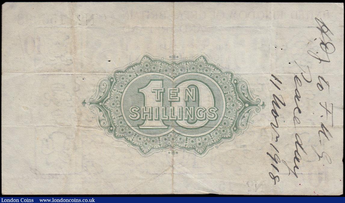 London Coins : A169 : Lot 29 : Ten Shillings Bradbury Third Issue T18 Dash in No. Black serial number and single prefix A variety r...