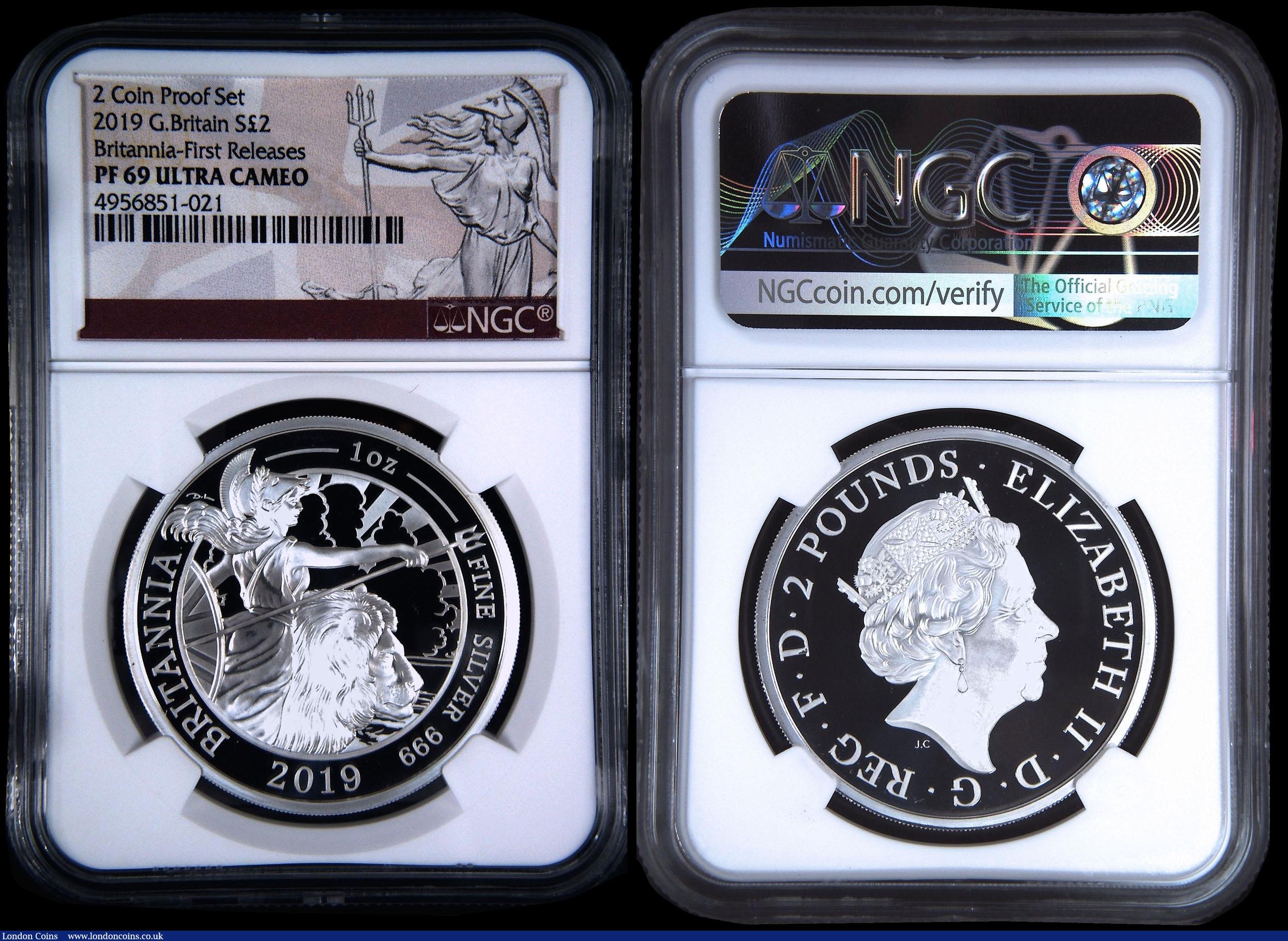 London Coins : A169 : Lot 398 : Britannia Silver Two Pounds a 2-coin set 2019 comprising Silver Proof in an NGC holder and graded PF...