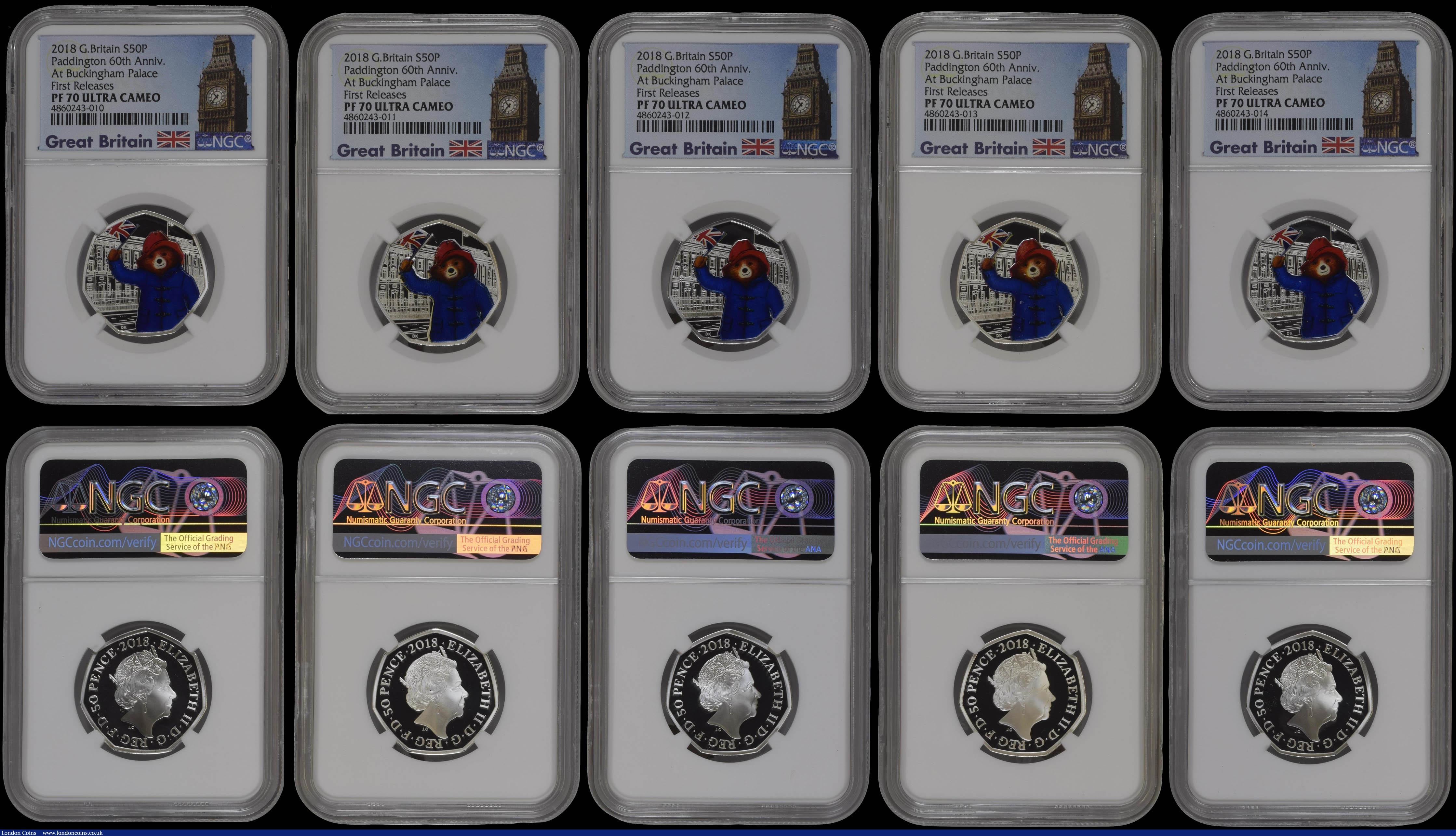 London Coins : A169 : Lot 423 : Fifty Pence 2018 Paddington - At Buckingham Palace Silver Proofs with coloured reverses S.H50 (11) a...