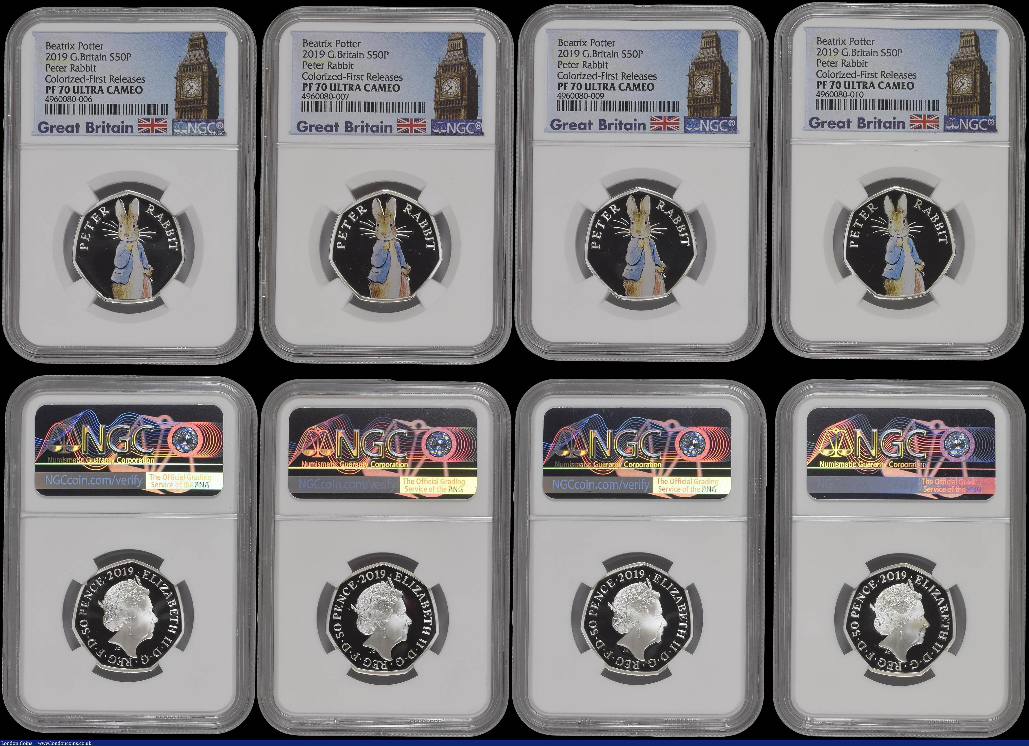 London Coins : A169 : Lot 430 : Fifty Pence 2019 Peter Rabbit standing facing Silver Proofs with coloured reverses S.H60 (8) all in ...