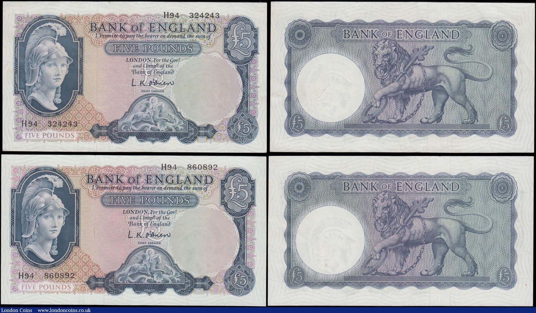 London Coins : A169 : Lot 49 : Five Pounds O'Brien Lion & Key (4) average VF to about EF comprising B277 Shaded Symbol var...