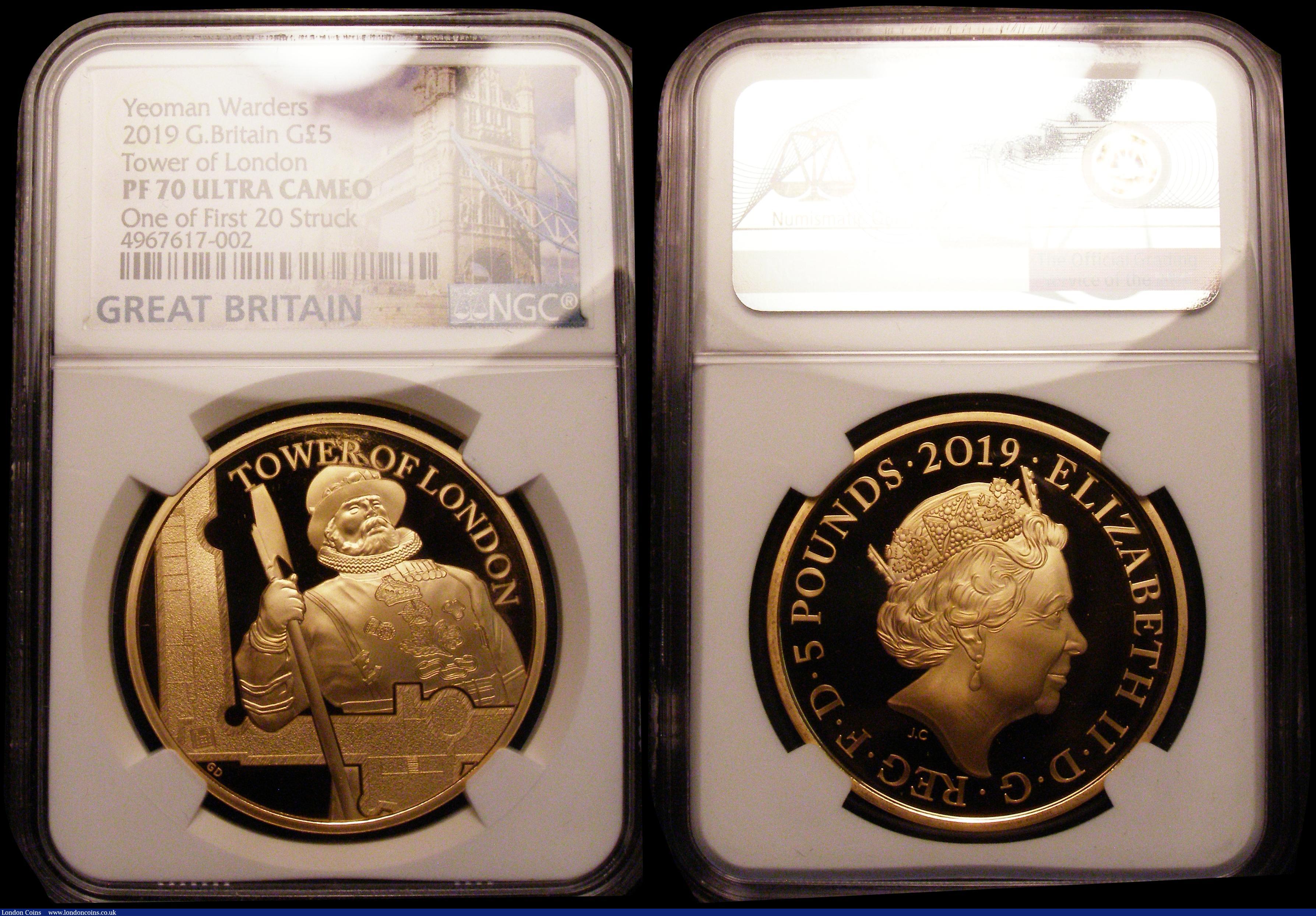 London Coins : A169 : Lot 493 : Five Pound Crown 2019 The Tower of London - The Yeoman Warders S.L75 Gold Proof FDC in an NGC holder...