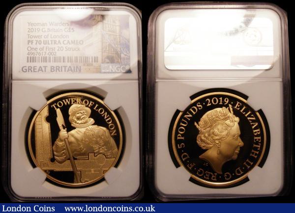 Five Pound Crown 2019 The Tower of London - The Yeoman Warders S.L75 Gold Proof FDC in an NGC holder 'One of the First 20 Struck' graded PF70 Ultra Cameo. Comes in the Royal Mint box with certificate. Number 02 of just 20 issued in this slabbed format. Low number certificate items are seldom offered and always keenly sought after. A total of 385 pieces were issue of this type in all formats : English Cased : Auction 169 : Lot 493
