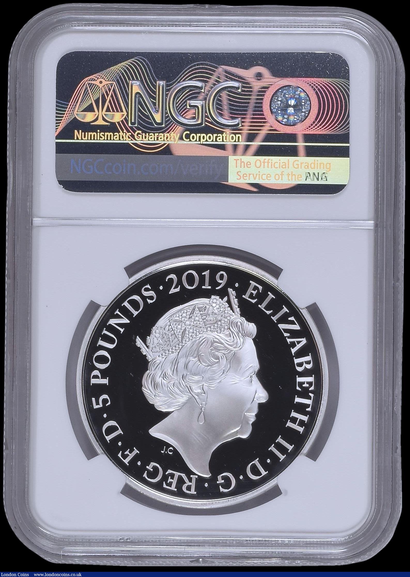 London Coins : A169 : Lot 495 : Five Pound Crown 2019 The Tower of London - The Yeoman Warders Silver Proof S.L75 FDC in an NGC hold...