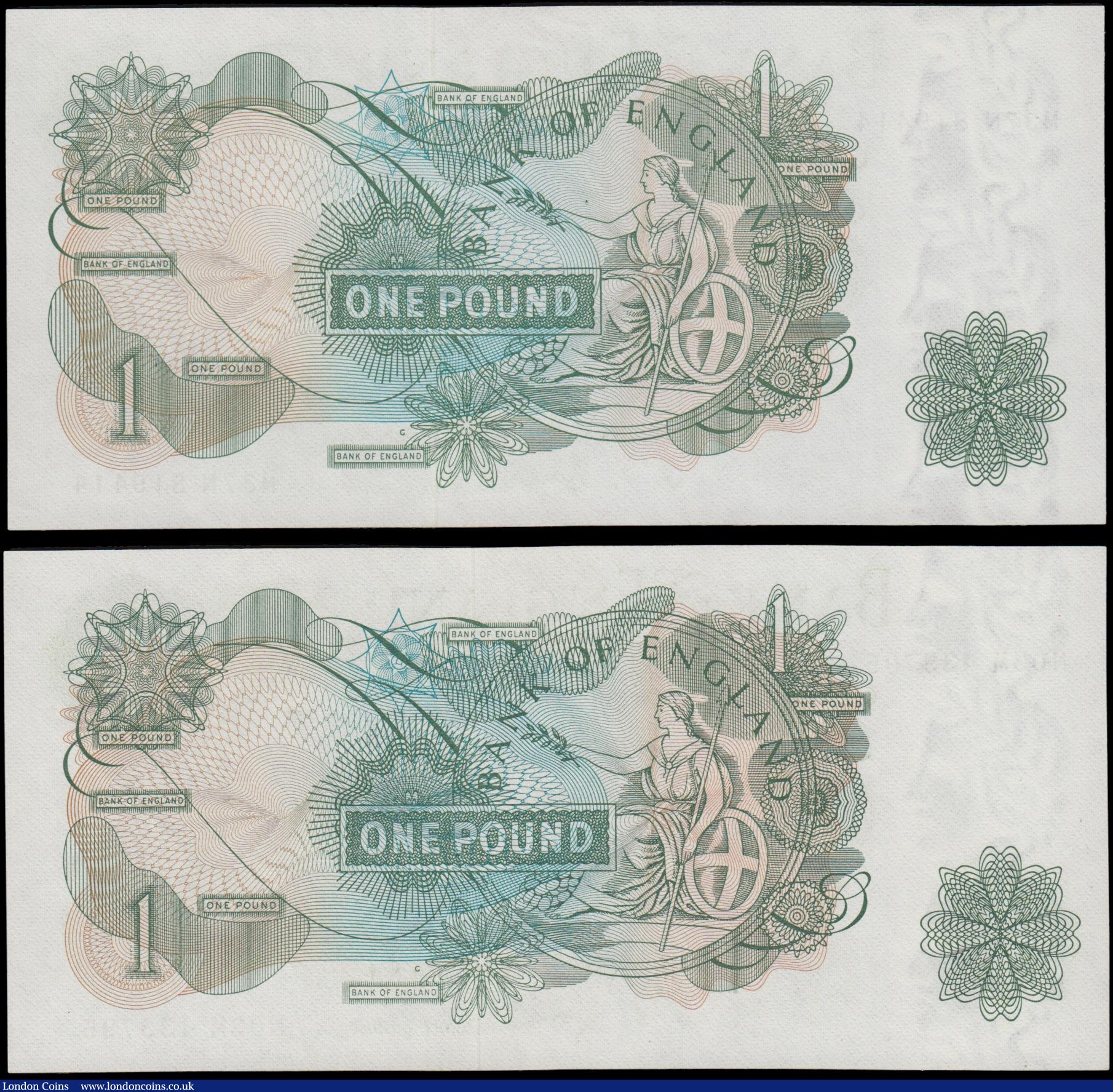 London Coins : A169 : Lot 54 : One Pounds Fforde QE2 portrait & seated Britannia Green G (Goebel) Reverse Replacement issues 19...