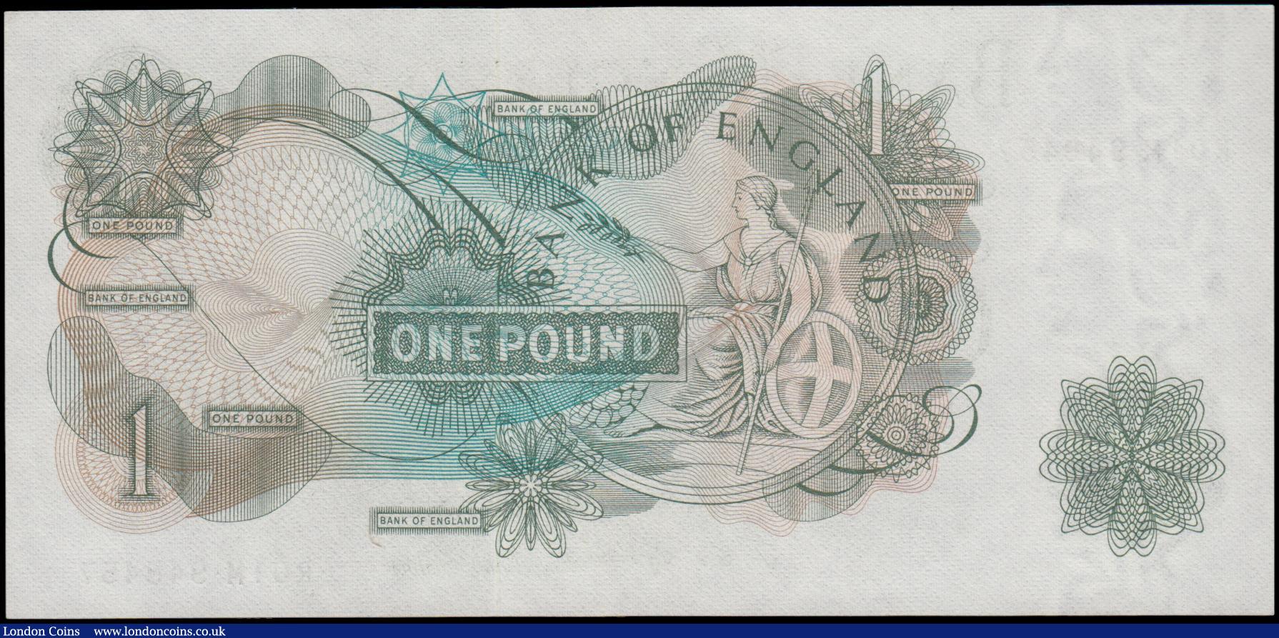 London Coins : A169 : Lot 56 : One Pound Fforde QE2 portrait & seated Britannia B306 Green Replacement issue 1967 and a very FI...