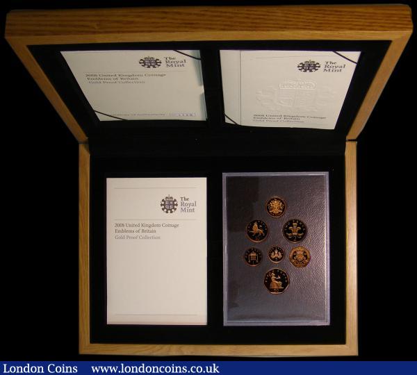 Proof Set 2008 in gold Emblems of Britain, comprising One Pound, Fifty Pence, Twenty Pence, Ten Pence, Five Pence, Two Pence and One Penny all struck in gold, FDC in the large Royal Mint box of issue with certificates, 84.76 grammes of 22 carat gold, scarce and desirable thus : English Cased : Auction 169 : Lot 570