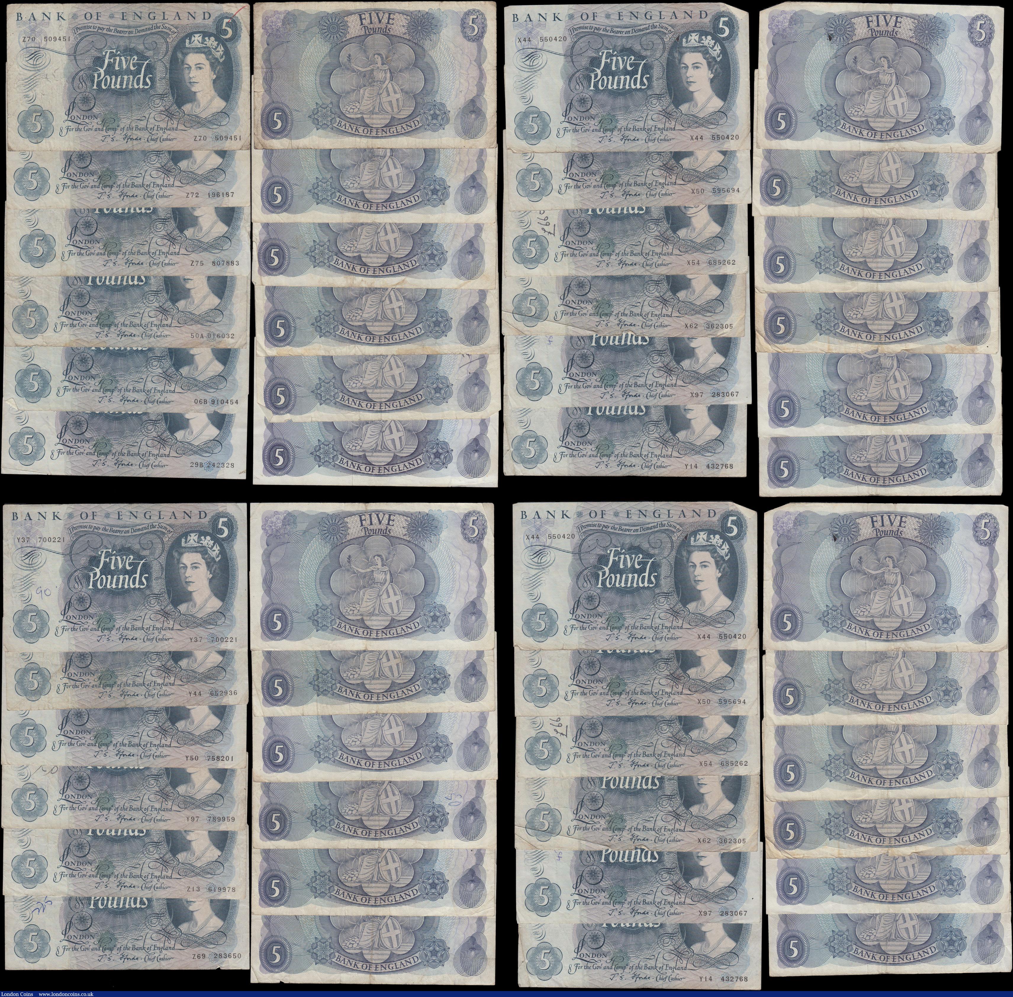 London Coins : A169 : Lot 58 : Five Pounds Fforde QE2 portrait & seated child Britannia issues 1967 (34) all circulated and in ...