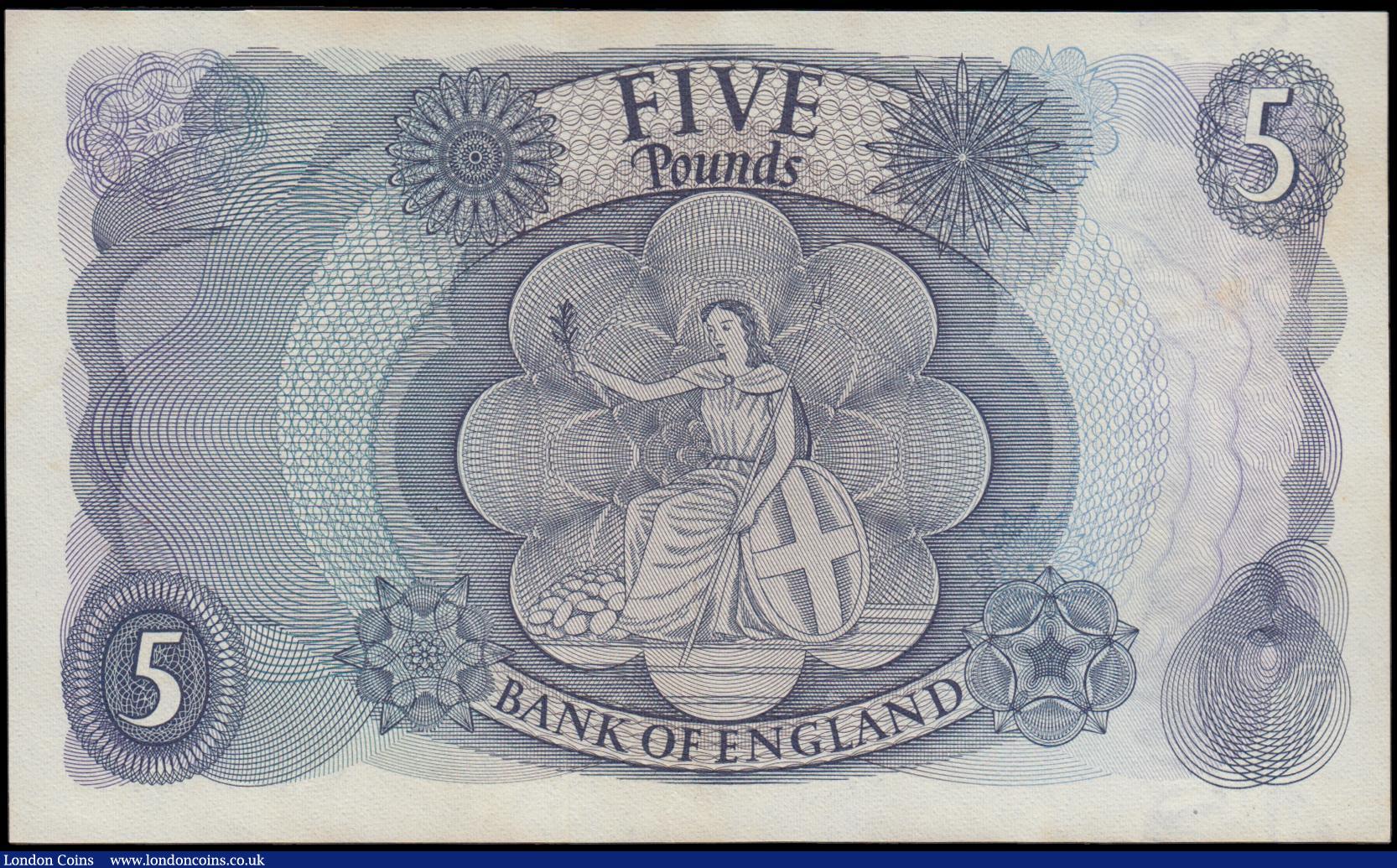London Coins : A169 : Lot 59 : Five Pounds Fforde 1967 portrait issue B313 Replacement series M24 705769 GEF with some minor dirt h...