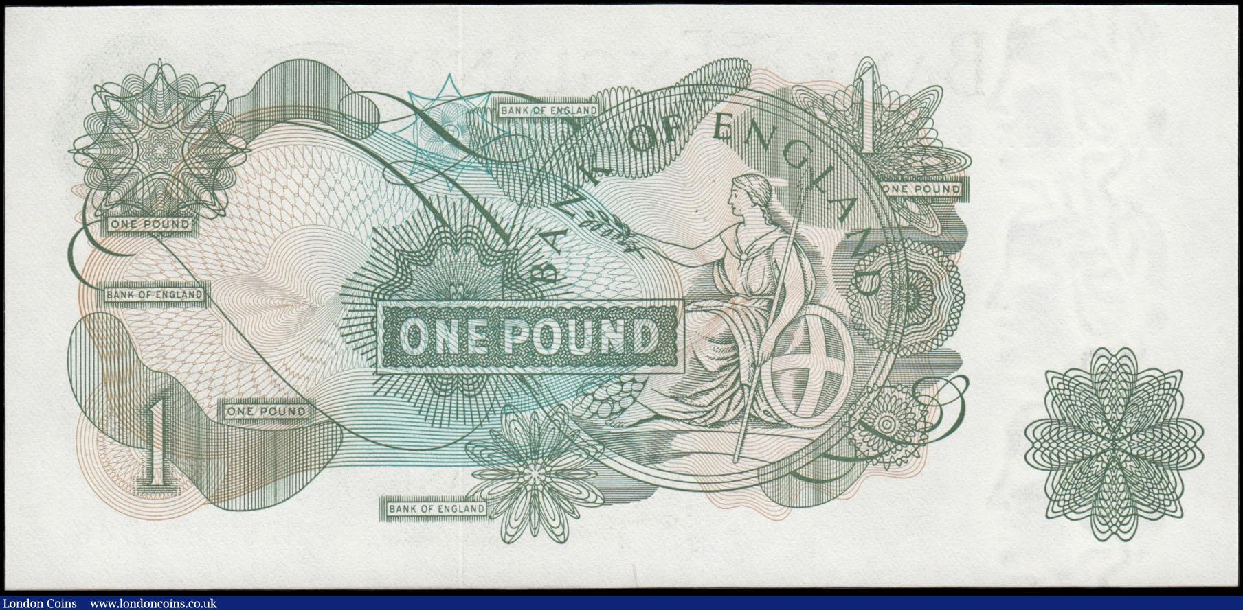 London Coins : A169 : Lot 62 : One Pound Page QE2 portrait & seated Britannia B322 Green issue 1970 and a VERY LAST RUN serial ...