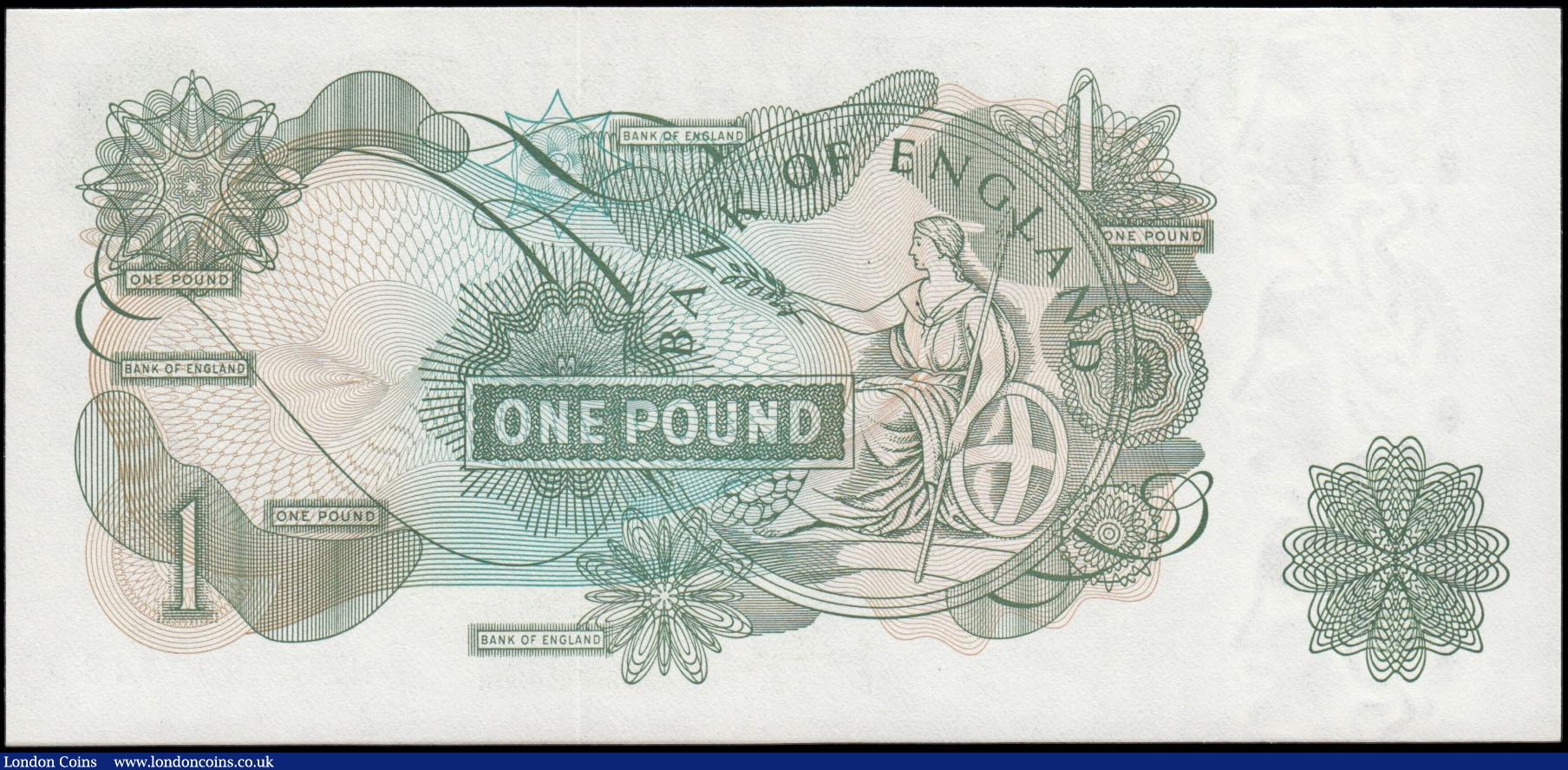 London Coins : A169 : Lot 63 : One Pound Page QE2 portrait & seated Britannia B322 Green issue 1970 very LAST RUN serial number...