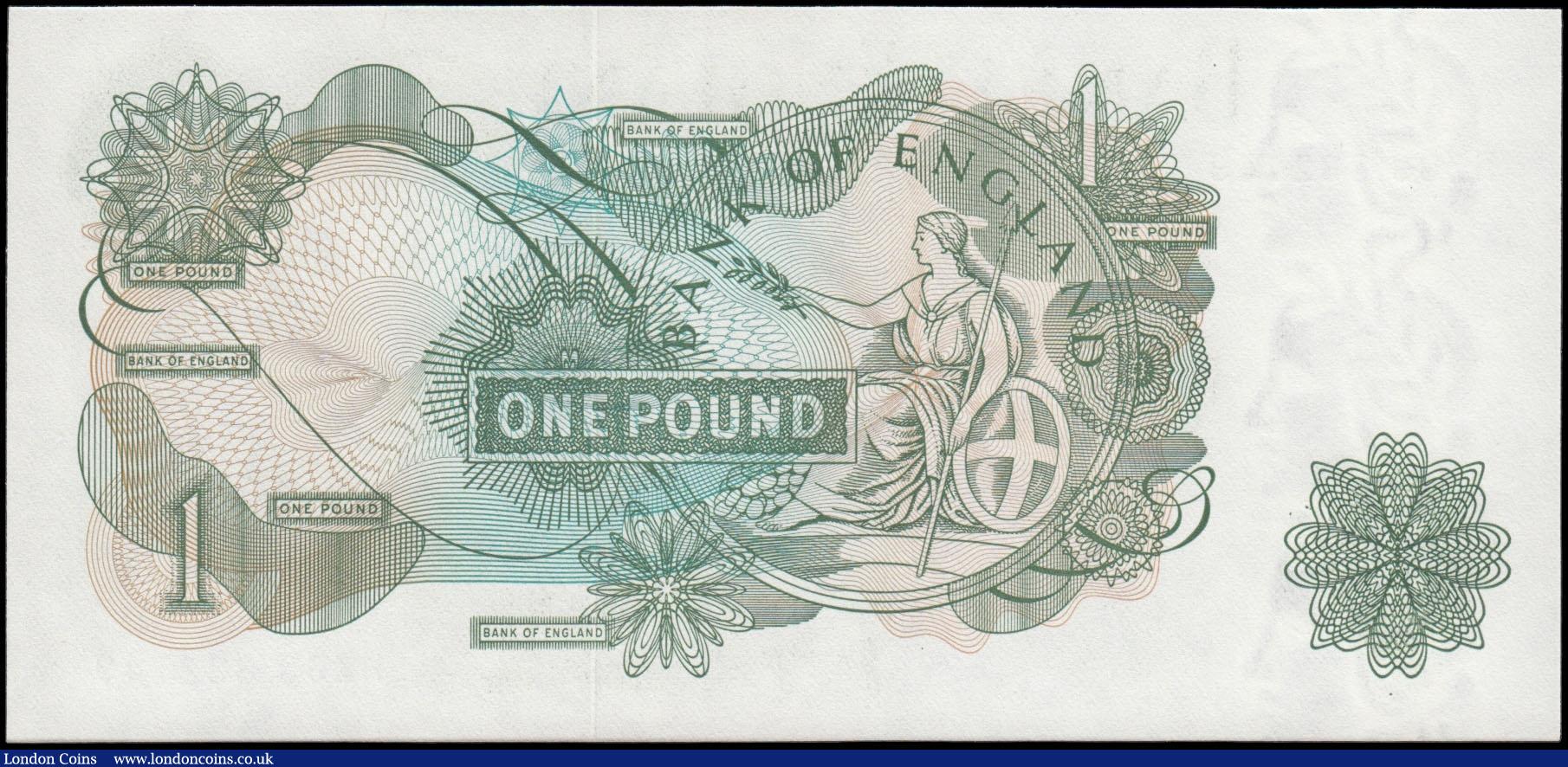 London Coins : A169 : Lot 64 : One Pound Page QE2 portrait & seated Britannia B322 Green issue 1970 very LAST RUN serial number...