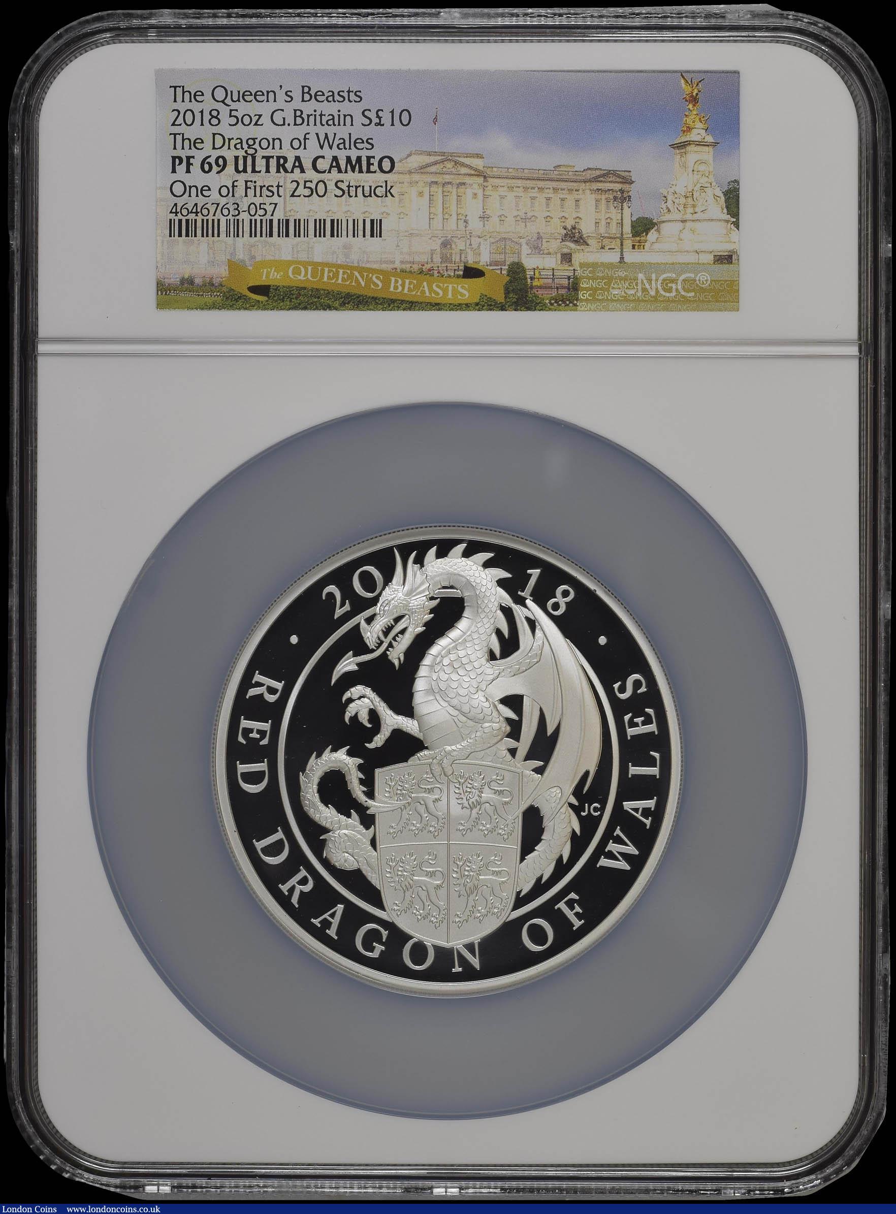 London Coins : A169 : Lot 652 : Ten Pounds 2018 The Queen's Beasts - The Red Dragon of Wales 5oz. Silver Proof S.QCC3 in a larg...