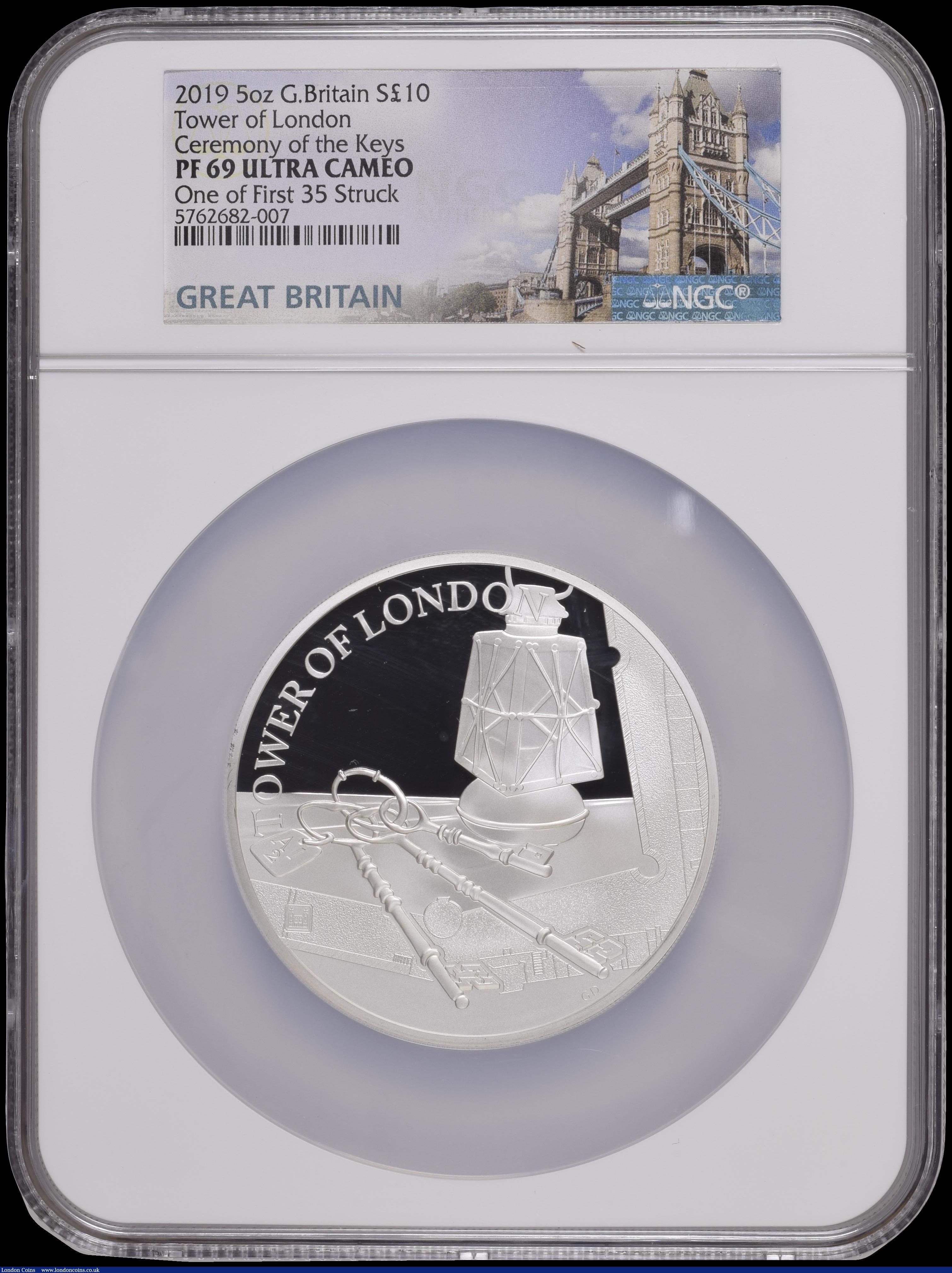 London Coins : A169 : Lot 659 : Ten Pounds 2019 The Tower of London - Ceremony of the Keys 5oz. Silver Proof S.M15 in a large NGC ho...