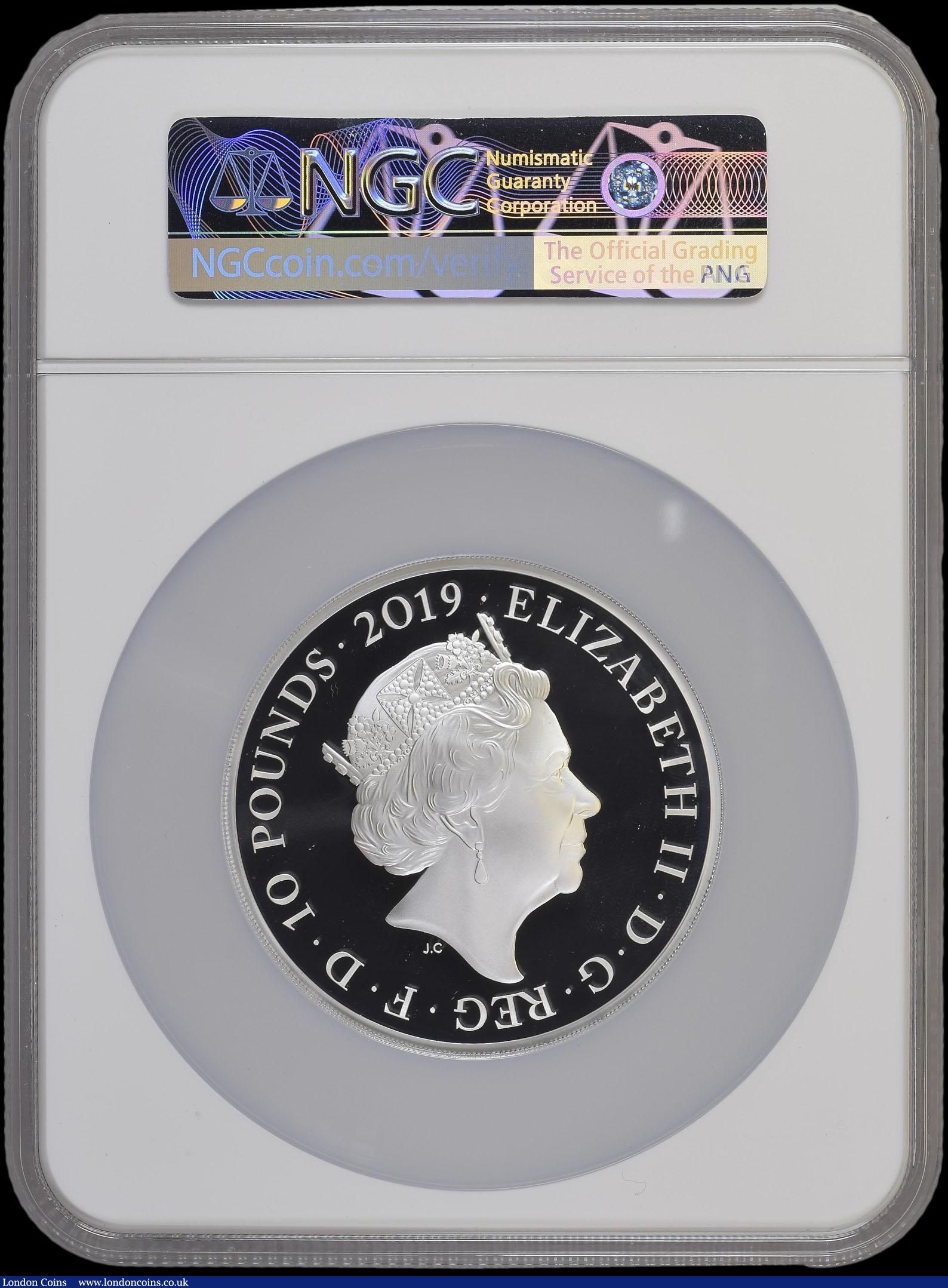 London Coins : A169 : Lot 660 : Ten Pounds 2019 The Tower of London - Legend of the Ravens 5oz. Silver Proof S.M12 in a large NGC ho...