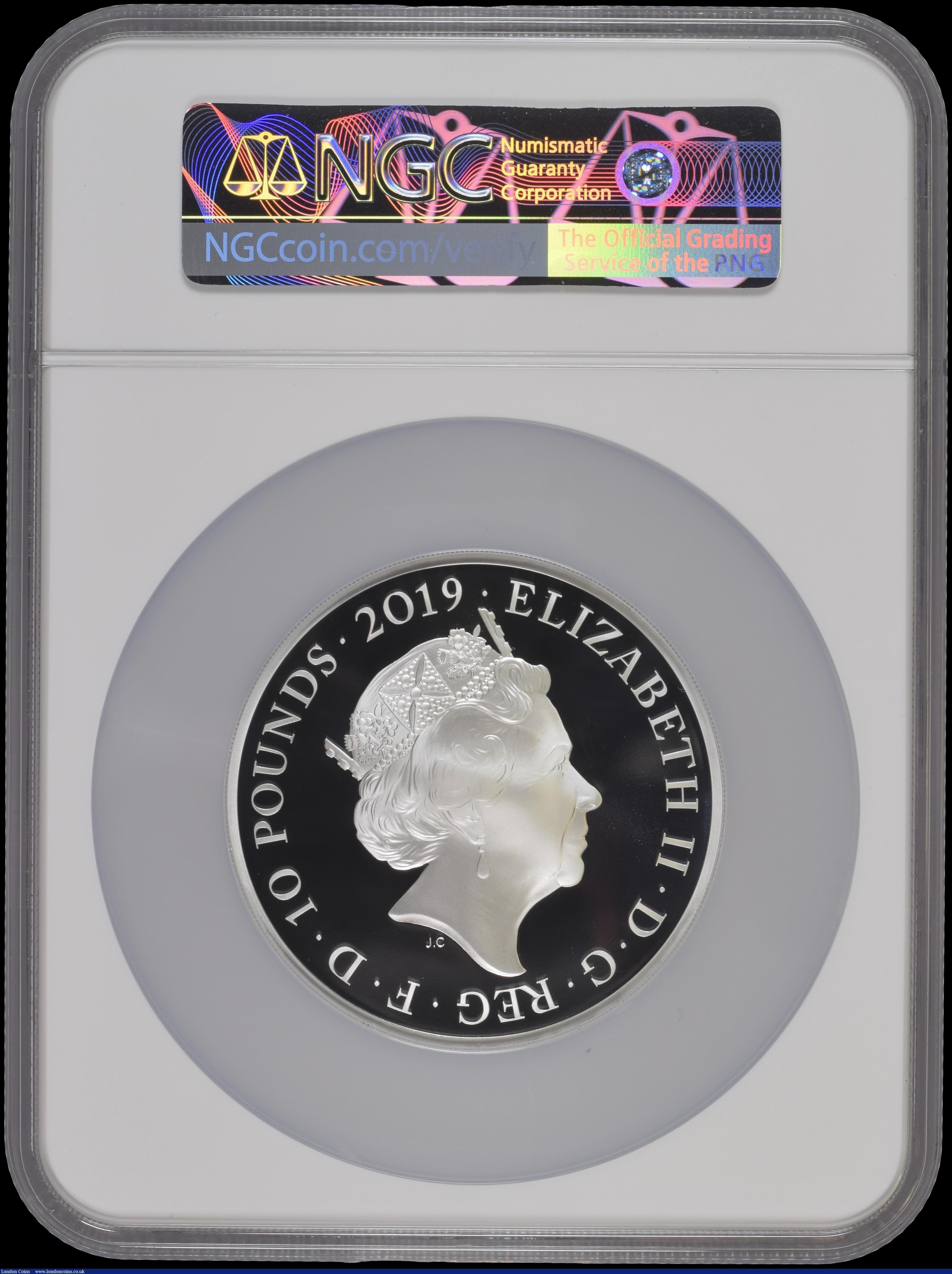 London Coins : A169 : Lot 661 : Ten Pounds 2019 The Tower of London - Legend of the Ravens 5oz. Silver Proof S.M12 in a large NGC ho...