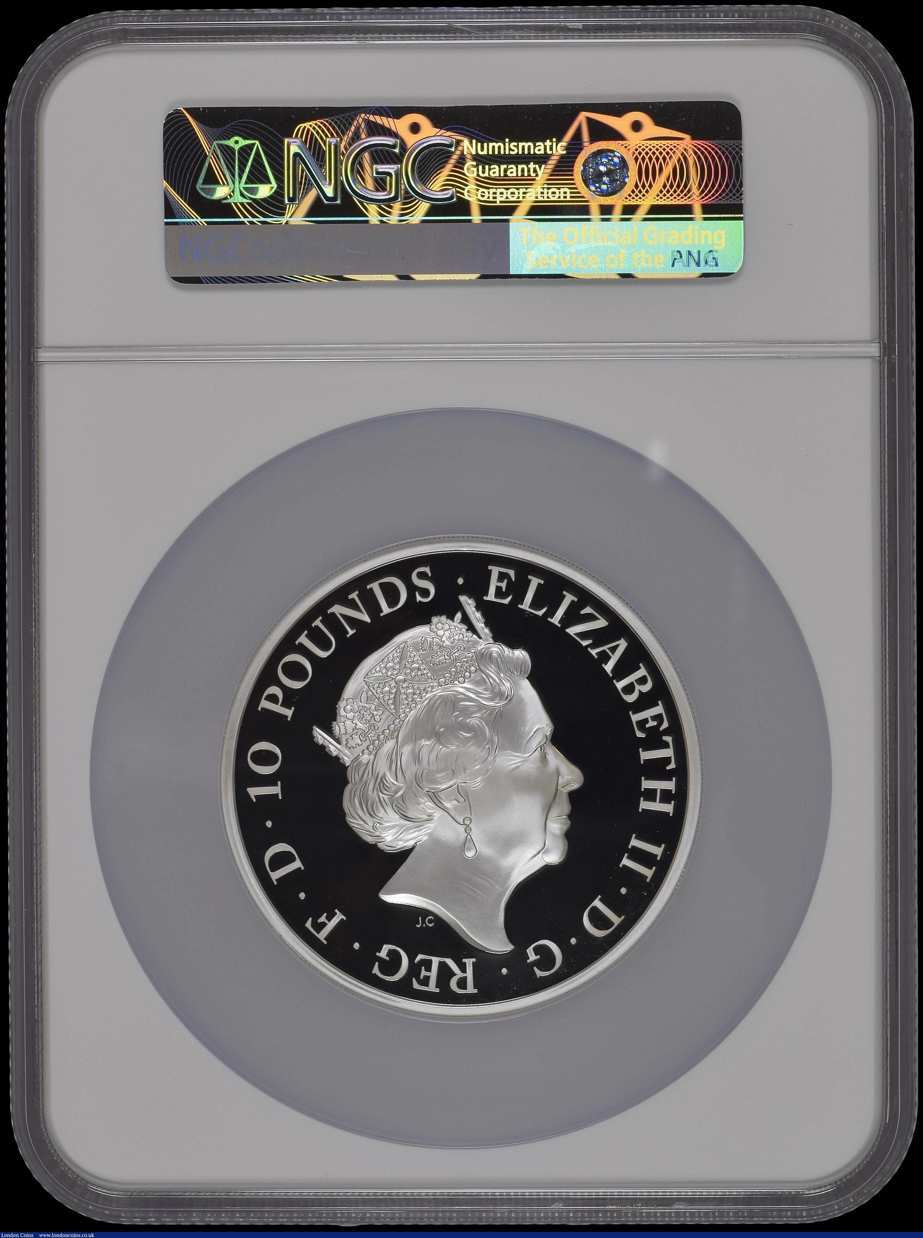 London Coins : A169 : Lot 662 : Ten Pounds 2019 The Tower of London - The Crown Jewels 5oz. Silver Proof S.M13 FDC in a large NGC ho...