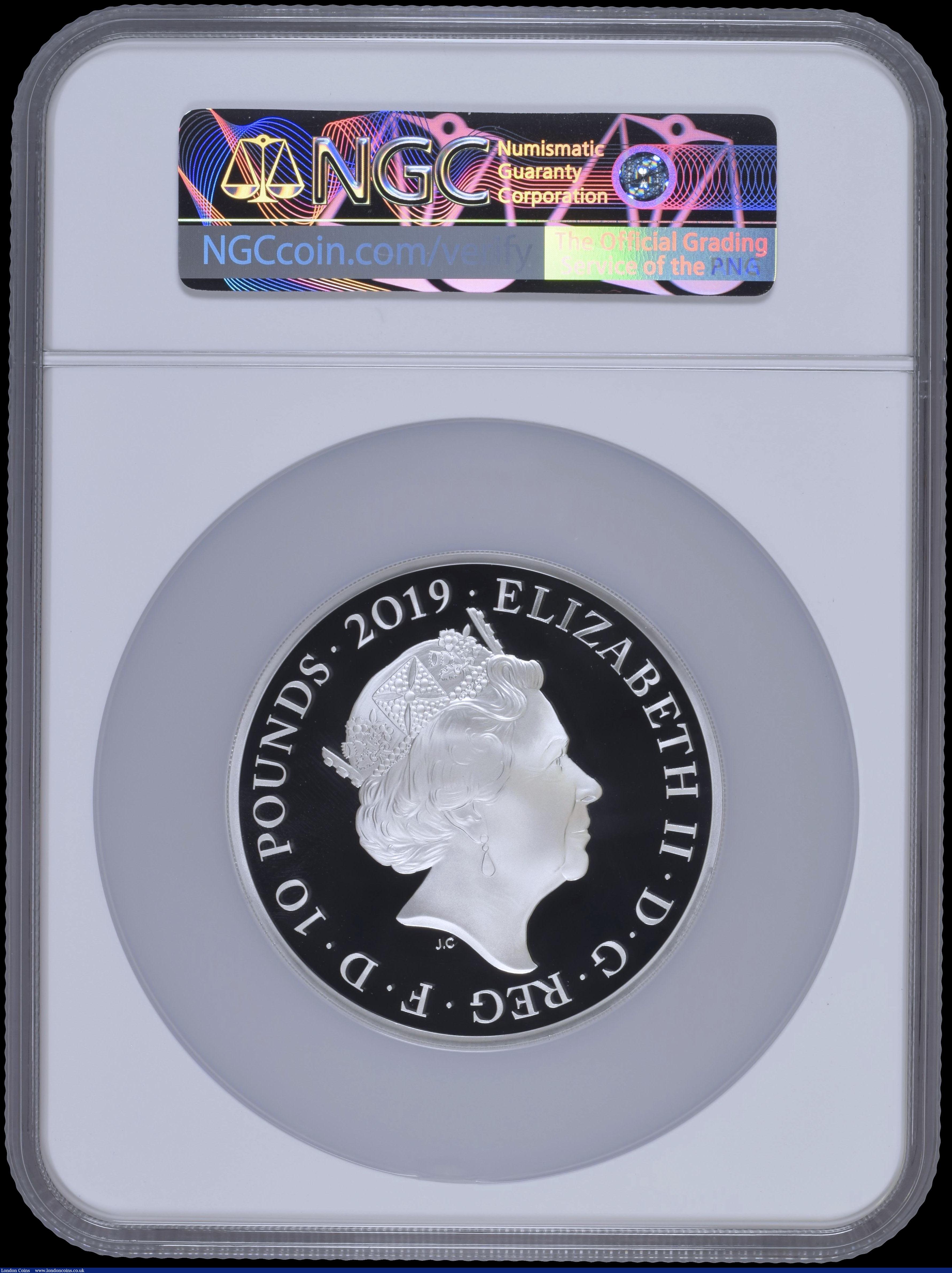 London Coins : A169 : Lot 664 : Ten Pounds 2019 The Tower of London - The Legend of the Ravens 5oz. Silver Proof S.M12 FDC in a larg...