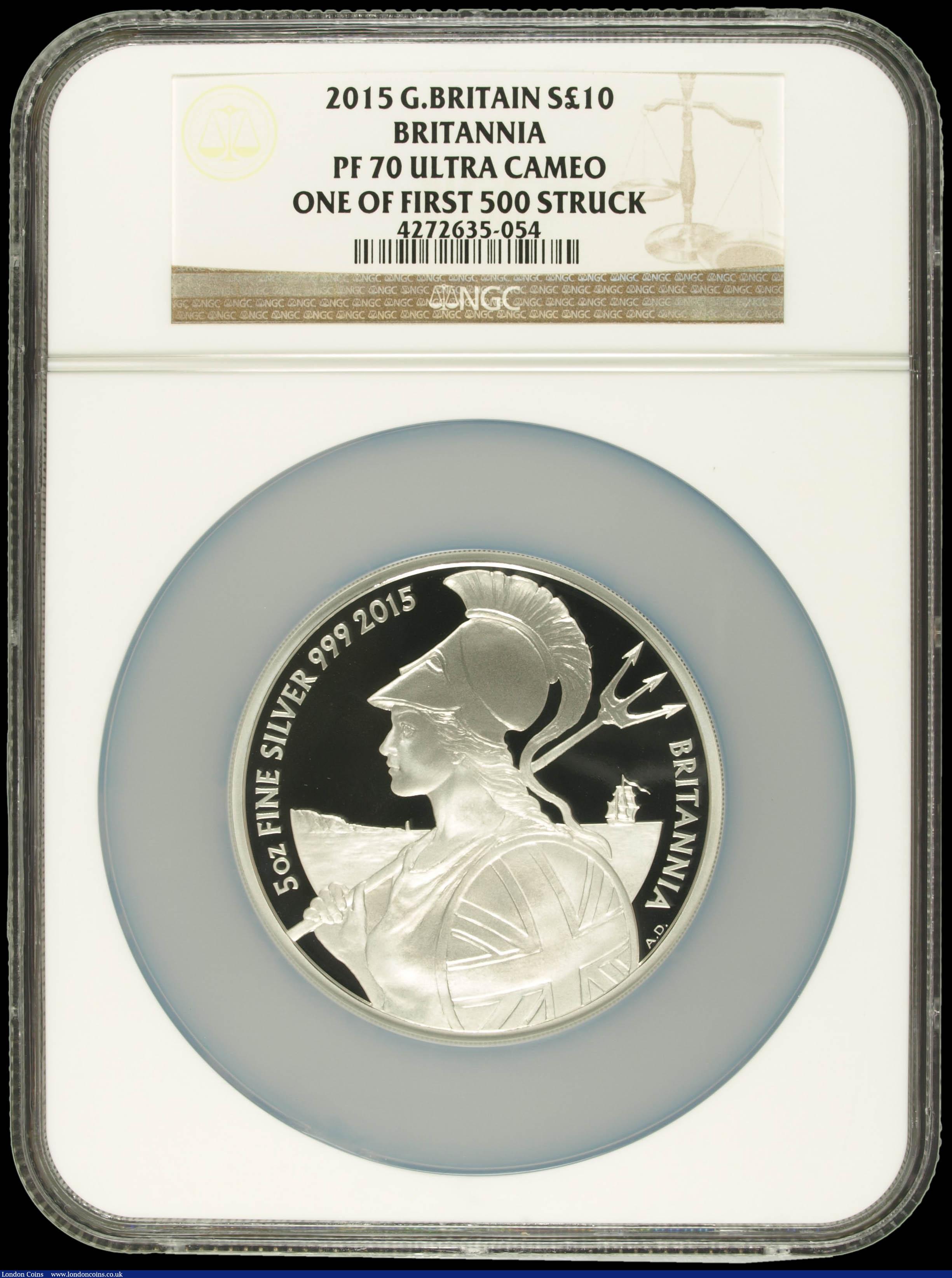 London Coins : A169 : Lot 672 : Ten Pounds Britannia 2015 5oz. Silver Proof S.BG3 in a large NGC holder and graded PF70 Ultra Cameo ...