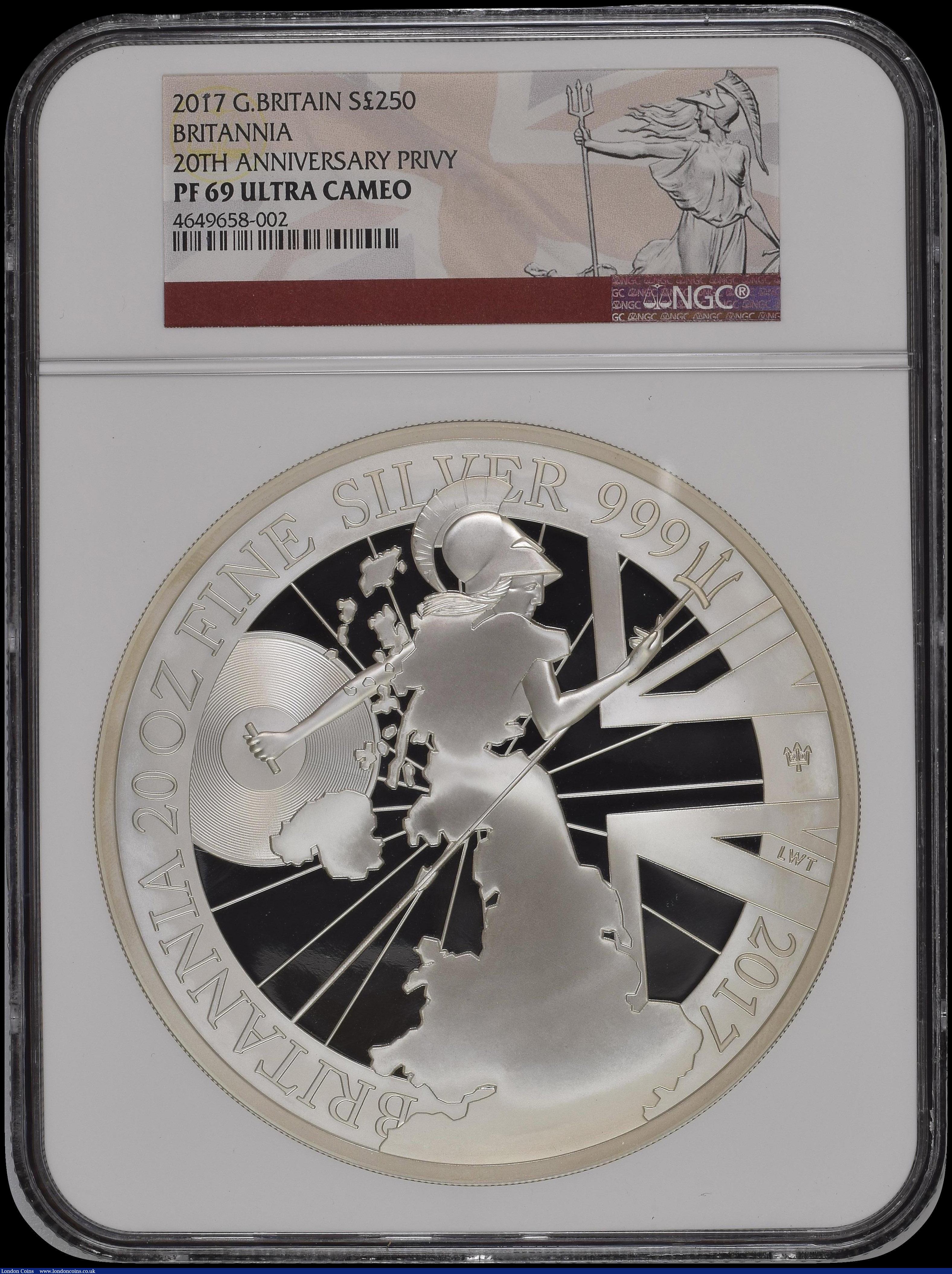 London Coins : A169 : Lot 701 : Two Hundred and Fifty Pounds Britannia 2017 20oz. of .999 silver, 20th Anniversary of the minting of...