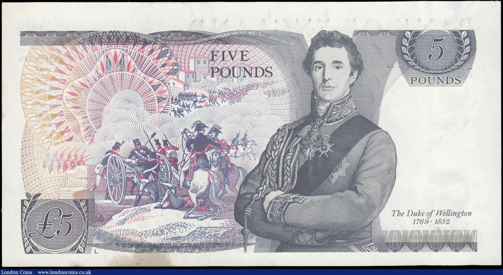 London Coins : A169 : Lot 74 : Five Pounds Gill B353 Blue L (Lithography) 1mm Security thread issue 1988 very FIRST RUN and LOW BIN...