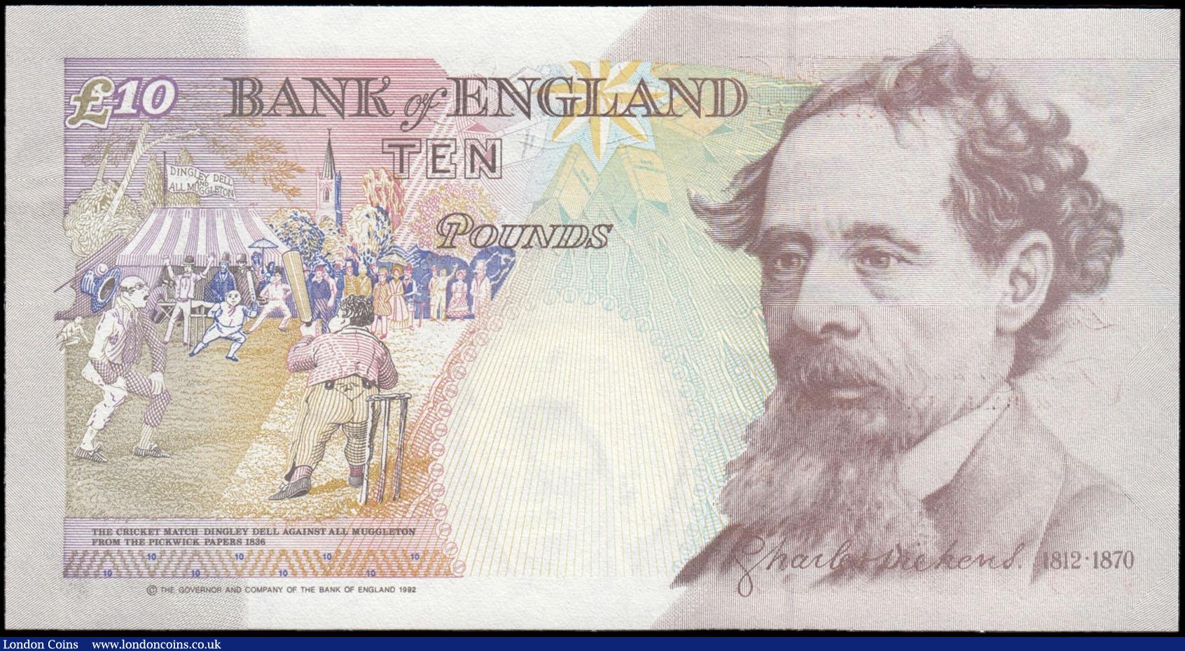 London Coins : A169 : Lot 78 : Ten Pounds Kentfield QE2 & Charles Dickens B366 Orange-brown Crown at upper right issue 1992 ver...