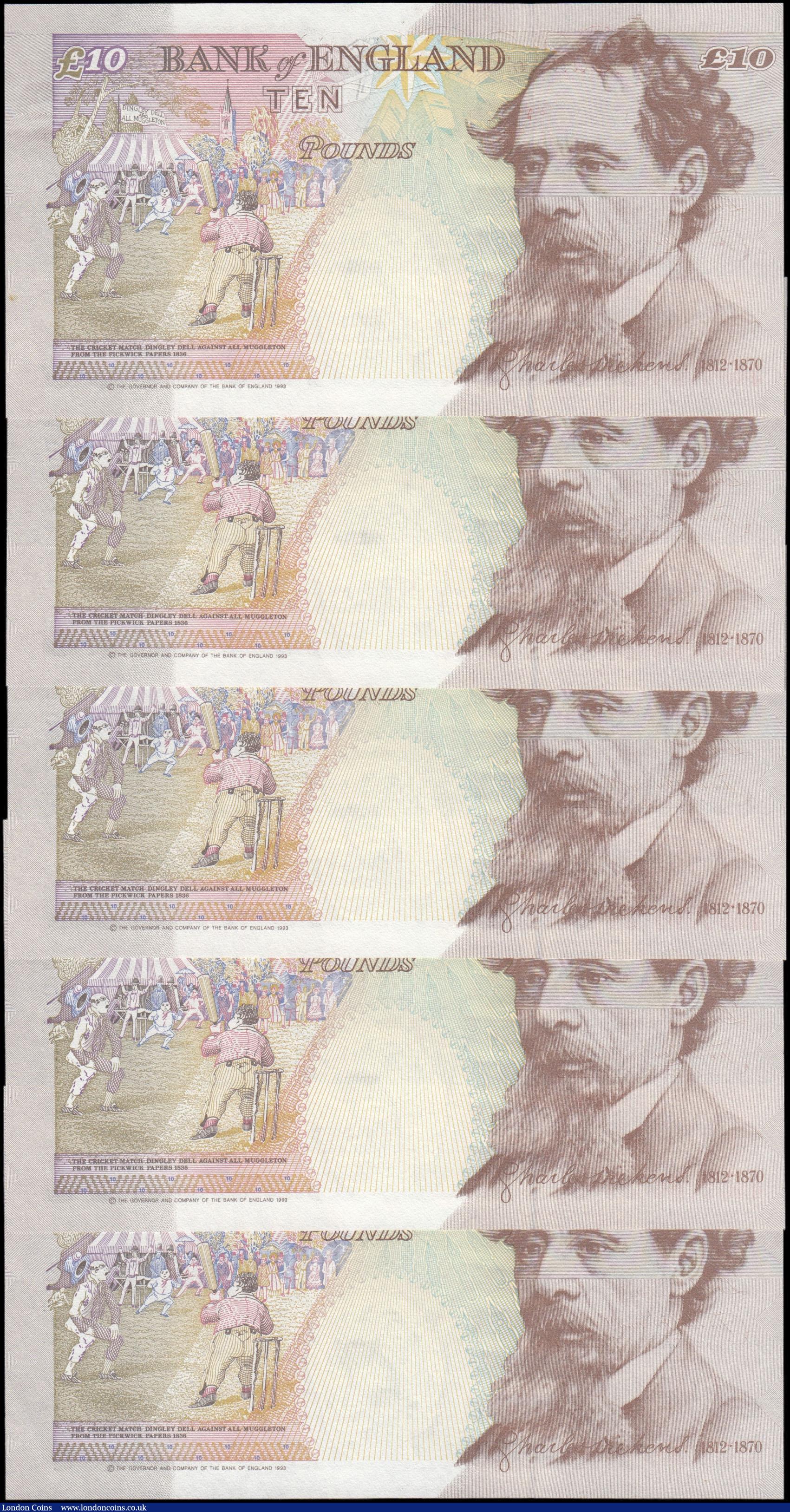 London Coins : A169 : Lot 89 : Ten Pounds Lowther QE2 & Charles Dickens B382 Orange-brown issue 1999 (5) a consecutively very F...