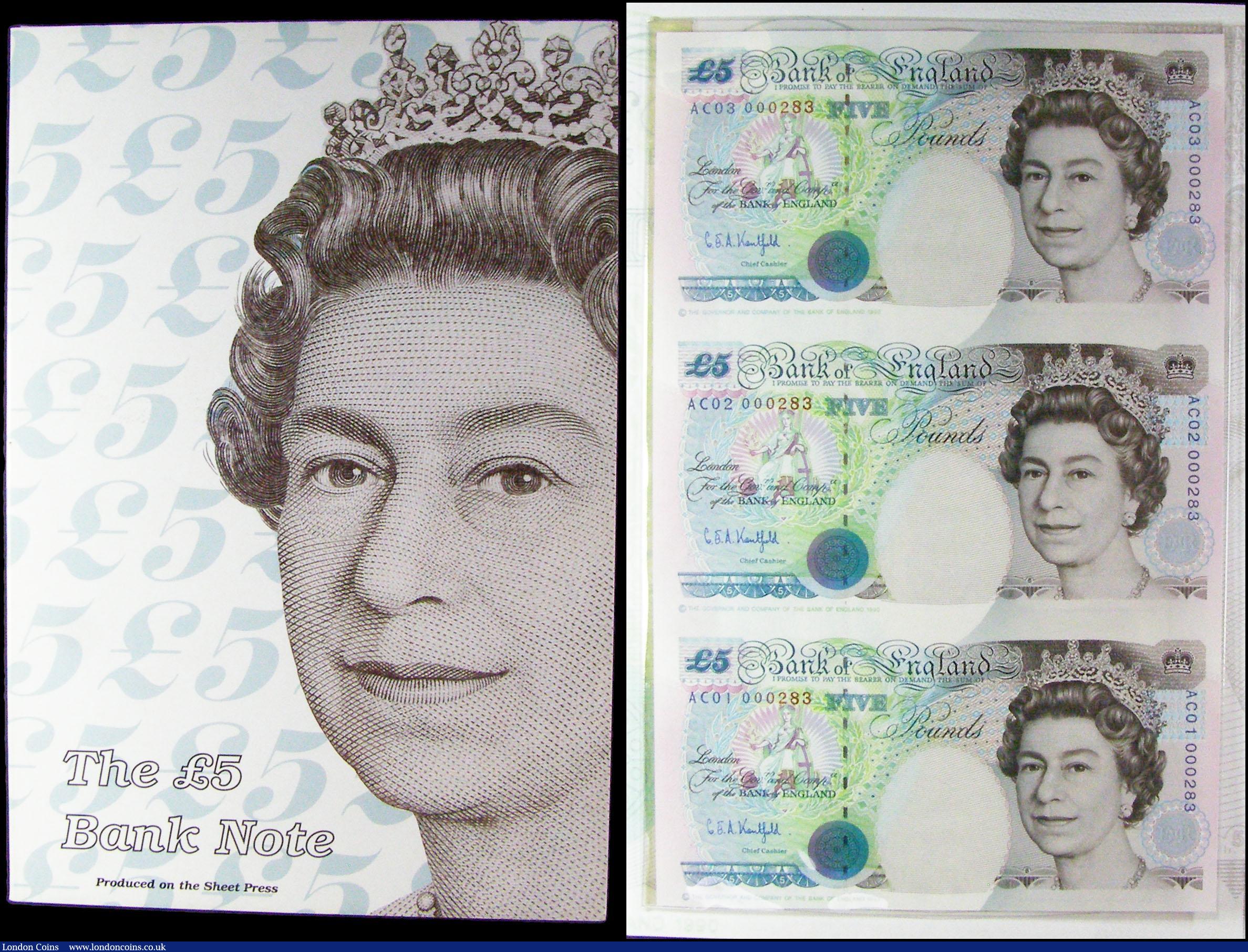 London Coins : A169 : Lot 97 : Bank of England limited edition presentation pack C108, Kentfield £5 sheet of 3 uncut notes, s...