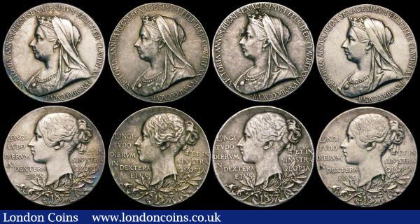 Medals in Silver (9) Queen Victoria Diamond Jubilee 1897 26mm diameter in silver The Official Royal Mint issues Eimer 1817 (4) NVF, GVF (2), and NEF. Edward VII Coronation 1902 The Official Royal Mint issues Eimer 1871 (2) 56mm diameter GEF toned with small edge nicks, and 31mm diameter NEF/GVF with small spots, George V Silver Jubilee 1935 The Official Royal Mint issues 32mm diameter Eimer 2029b NEF and EF both toned, Queen Elizabeth II and the Duke of Edinburgh Silver Wedding 1972 51mm diameter in silver by D.Cornell Eimer 2125 Obverse: Busts left conjoined, the Queen wearing a bandeau. SILVER WEDDING ANNIVERSARY OF THE QUEEN AND THE DUKE OF EDINBURGH 1947-1972, Reverse: Two Royal Shields and crests, each within the Garter with crowned cypher of the Queen above and that of Prince Philip below, UNC in matt finish boxed with certificate : Medals : Auction 169 : Lot 349