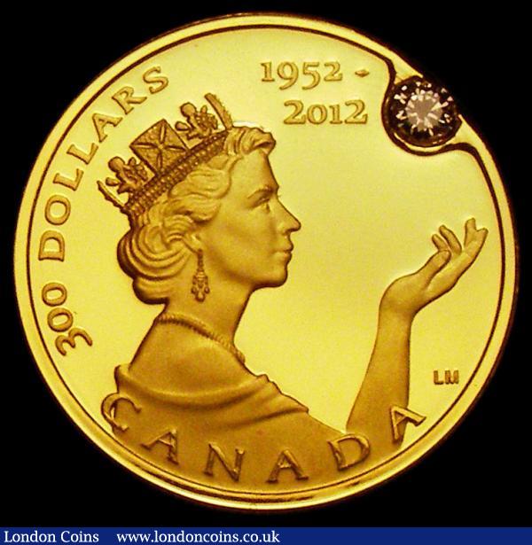 Canada 300 Dollars 2012 Queen Elizabeth II Diamond Jubilee Gold Proof with inset diamond, 25mm diameter  weighing 22.00 grammes FDC in capsule, no certificate : World Coins : Auction 169 : Lot 858