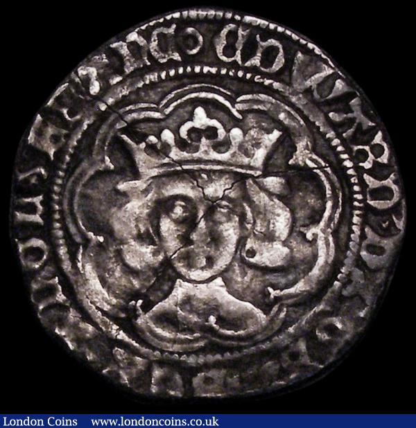 Groat Edward IV Second Reign, London Mint, Trefoils on cusps, No marks by bust S.2096 mintmark Small Annulet Fine with some long surface cracks, has possibly been fragmented at some time : Hammered Coins : Auction 170 : Lot 1285