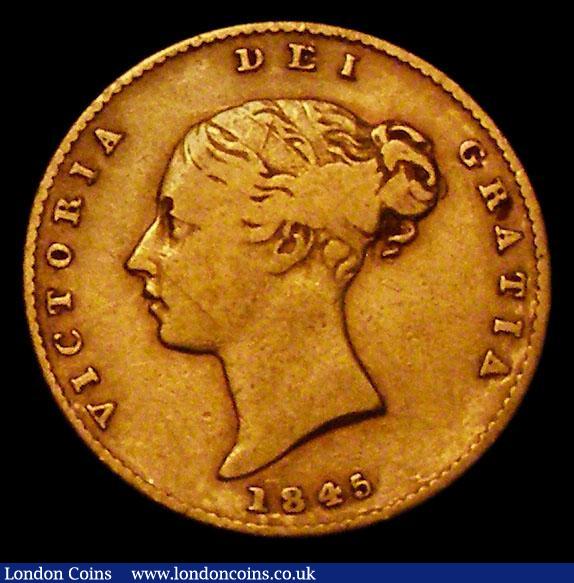 Half Sovereign 1845 with large (tall) first A in BRITANNIARUM, as Marsh 419, Near Fine, examination of our photo archive stretching back to 2003 shows that none of the examples of 1845 Half Sovereigns previously offered by us have that variation. Marsh lists the rarity of the 1845 coin as R3, with a calendar year mintage of 887,526 pieces, so logical combination of these factors surely makes this an extremely rare type. : English Coins : Auction 170 : Lot 1644