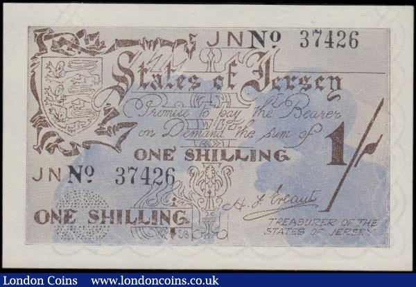 Jersey World War II German Occupation 1 Shilling Pick 2a (BY JE2; Rosenberg ZWK-100e (formerly 656e)) issued in April 1942 and June 1942 ND with the prefix JN only and serial number 37426, GEF - about UNC and Scarce. Signed H. F. Ereaut titled Treasurer of The States of Jersey and the note in brown on a blue underprint featuring silhouettes of 2 man gossiping in the underprint and Jersey's Coat of Arms at upper left on obverse and the reverse in brown with featuring the same silhouettes of the 2 man gossiping as obverse : World Banknotes : Auction 170 : Lot 215