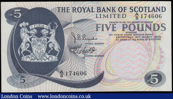 Scotland The Royal Bank of Scotland Limited 5 Pounds Pick 330 (BY SC816a; PMS RB70) a first date for this issue 19th March 1969 with 2 signatures A.P. Robertson & J.B.Burke serial number A/8 174606, EF - GEF and a collectible example. Blue on multicolour featuring a large Coat of Arms at left and an illustration of  Edinburgh Castle on reverse also incorporating barcode encodings. : World Banknotes : Auction 170 : Lot 249