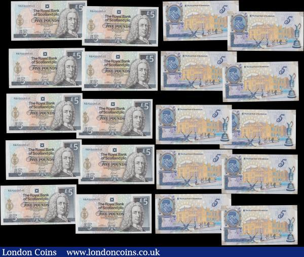 Scotland The Royal Bank of Scotland plc 5 Pounds (10) 250th Anniversary of St. Andrews's Royal & Ancient Golf Club Commemorative issues Pick 363 (BY SC845; PMS  RB99) dated 14th May 2004 signature Goodwin with special prefix and a fairly earlier consecutively numbered set serial numbers R&A 0008531 - R&A 0008540, all about UNC - UNC. The obverse of each note bears the Golden seal of the St. Andrews Gold Club to left and the reverses with illustration of a view of the original club house of St. Andrews and a portrait of "Old Tom Morris". All come with the original presentation wallets and envelopes  : World Banknotes : Auction 170 : Lot 251