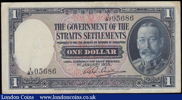 Straits Settlements 1 Dollar Pick 16b dated 1st January 1935 serial number I/87 05686 signature Rex Curall, a presentable VF and a Scarce date for this issue always keenly sought after. Mainly blue on multicolour featuring a portrait of King George V on obverse and the reverse with an illustration of a tiger at centre and an Allegorical bust at left. printed by Bradbury, Wilkinson & Co. , New Malden, Surrey and watermarked with a Tiger's head : World Banknotes : Auction 170 : Lot 261