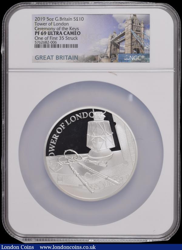 Ten Pounds 2019 Tower of London - Ceremony of the Keys 5oz. Silver Proof.S.M15. Reverse: Lamp and the Keys to the Tower. In a large NGC holder - One of the First 35 Struck, graded PF69 Ultra Cameo   in the Royal Mint box of issue with certificate number 35. Only 35 pieces of the 585 mintage are in this graded presentation format : English Cased : Auction 170 : Lot 699