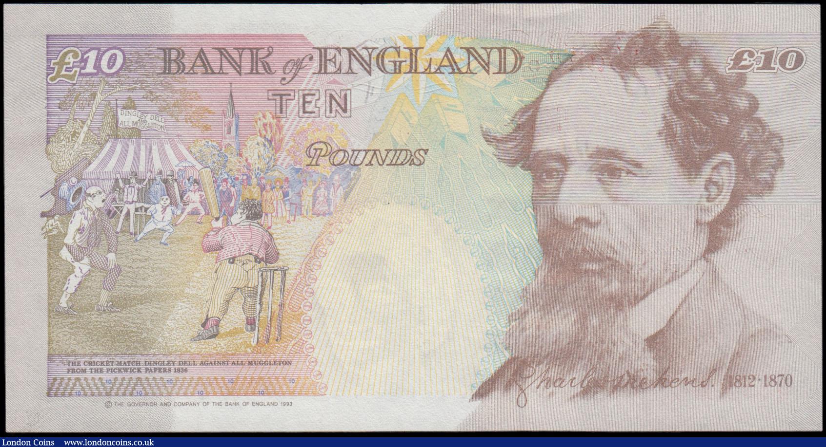 London Coins : A170 : Lot 100 : Ten Pounds QE2 & Charles Dickens B382 Orange-Brown issue 1999 and very FIRST RUN and LOW serial ...