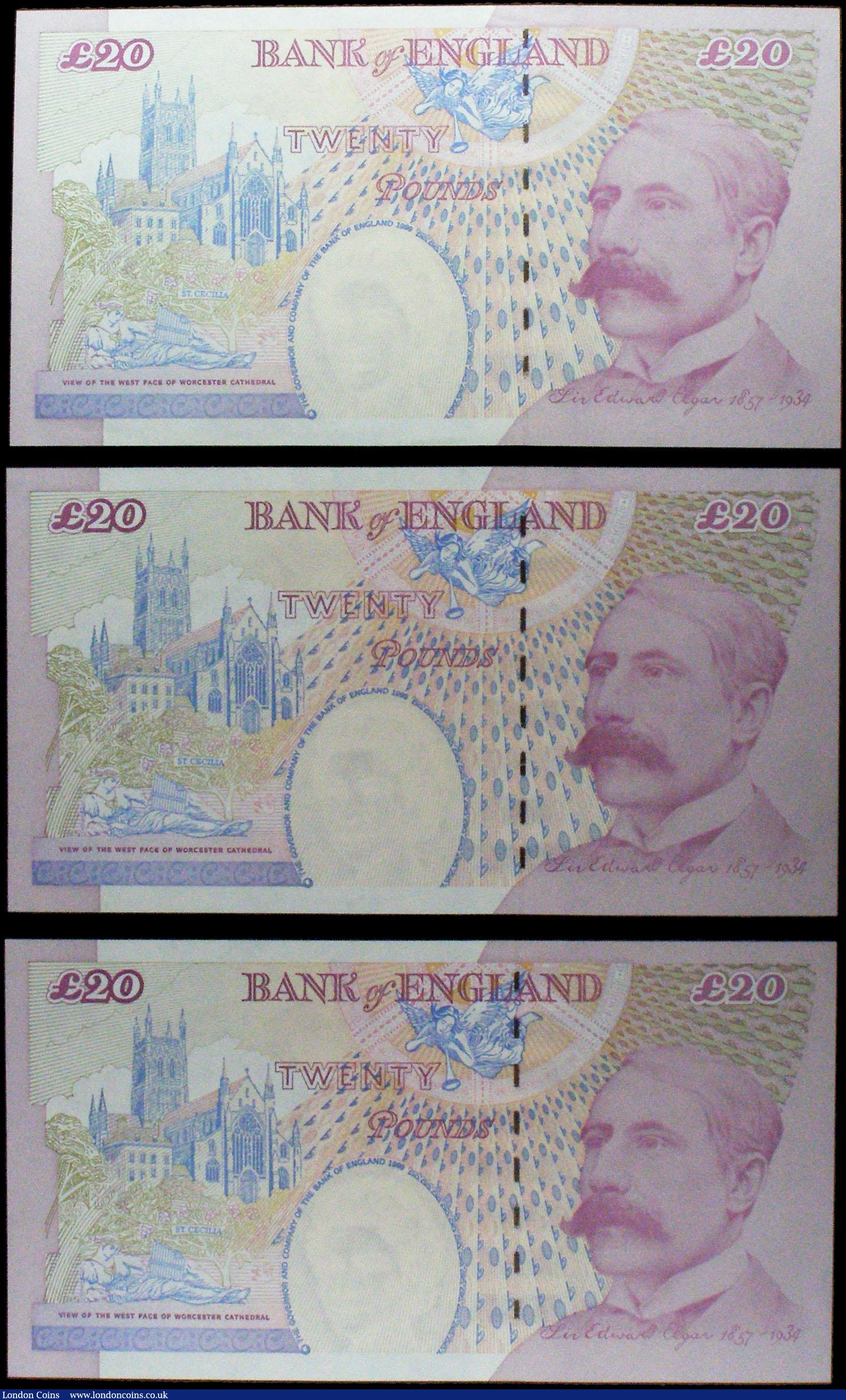 London Coins : A170 : Lot 101 : Twenty Pounds Bailey QE2 & Sir Edward Elgar B402 Purple/Black issues 2004 (3) a consecutively nu...
