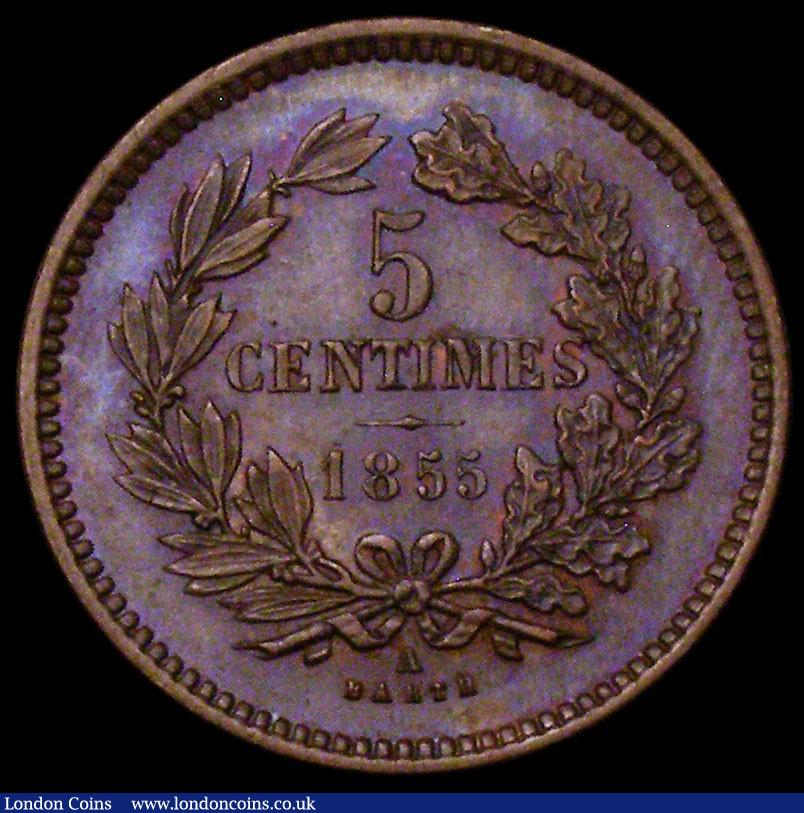 London Coins : A170 : Lot 1108 : Luxembourg 5 Centimes 1855 KM#22.2 UNC with blue and magenta toning, seldom seen in this high grade