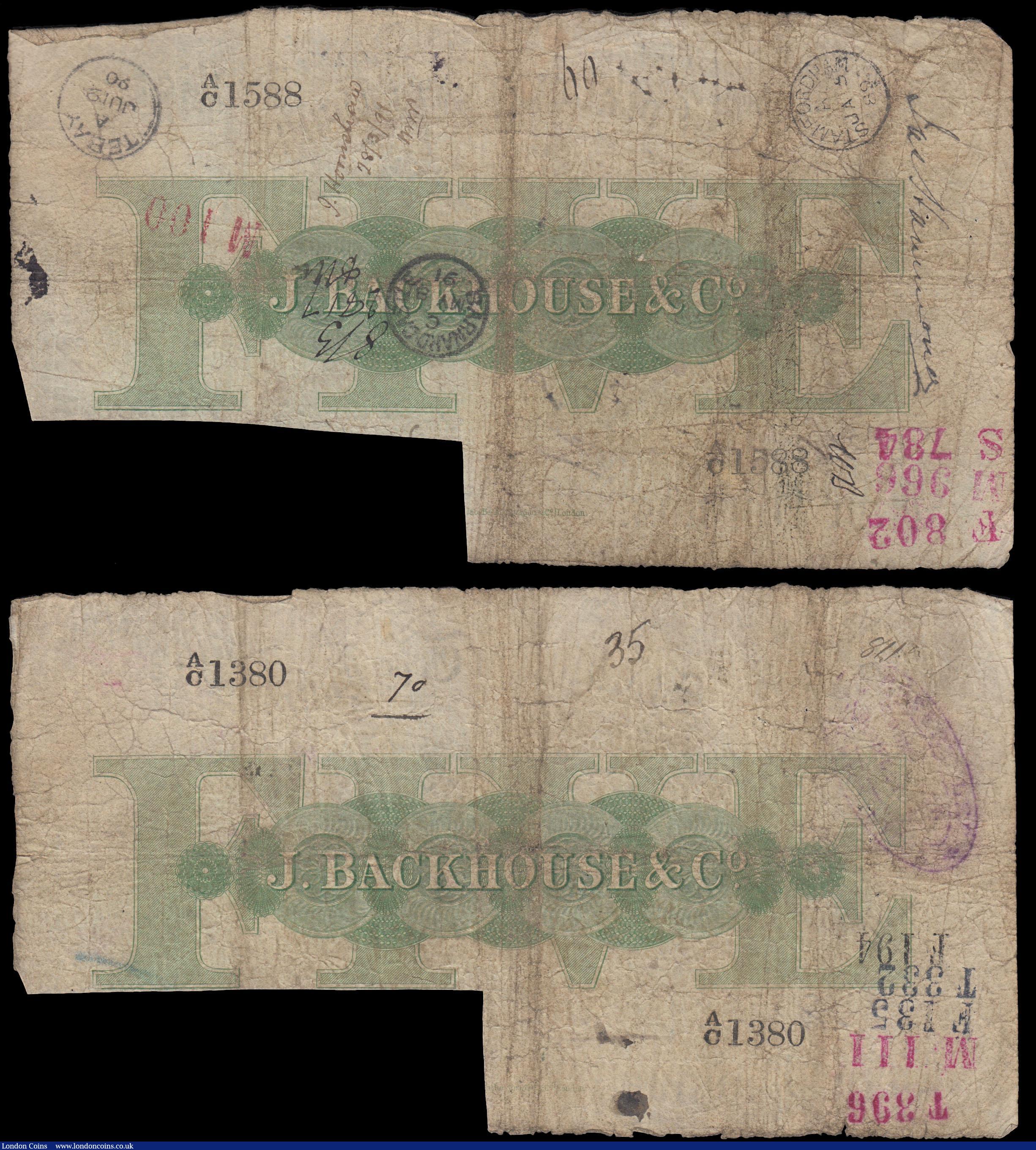 London Coins : A170 : Lot 112 : Stockton on Tees Bank 5 Pounds For Jonathan Backhouse & Company, cut-cancelled (Outing 2050c; Gr...