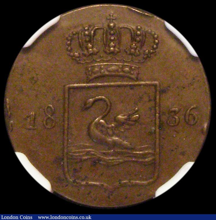 London Coins : A170 : Lot 1137 : Netherlands East Indies - Sumatra Swan Duit 1836 Copper Pattern KM#Pn20 Obverse: INDIE NEDERL, with ...