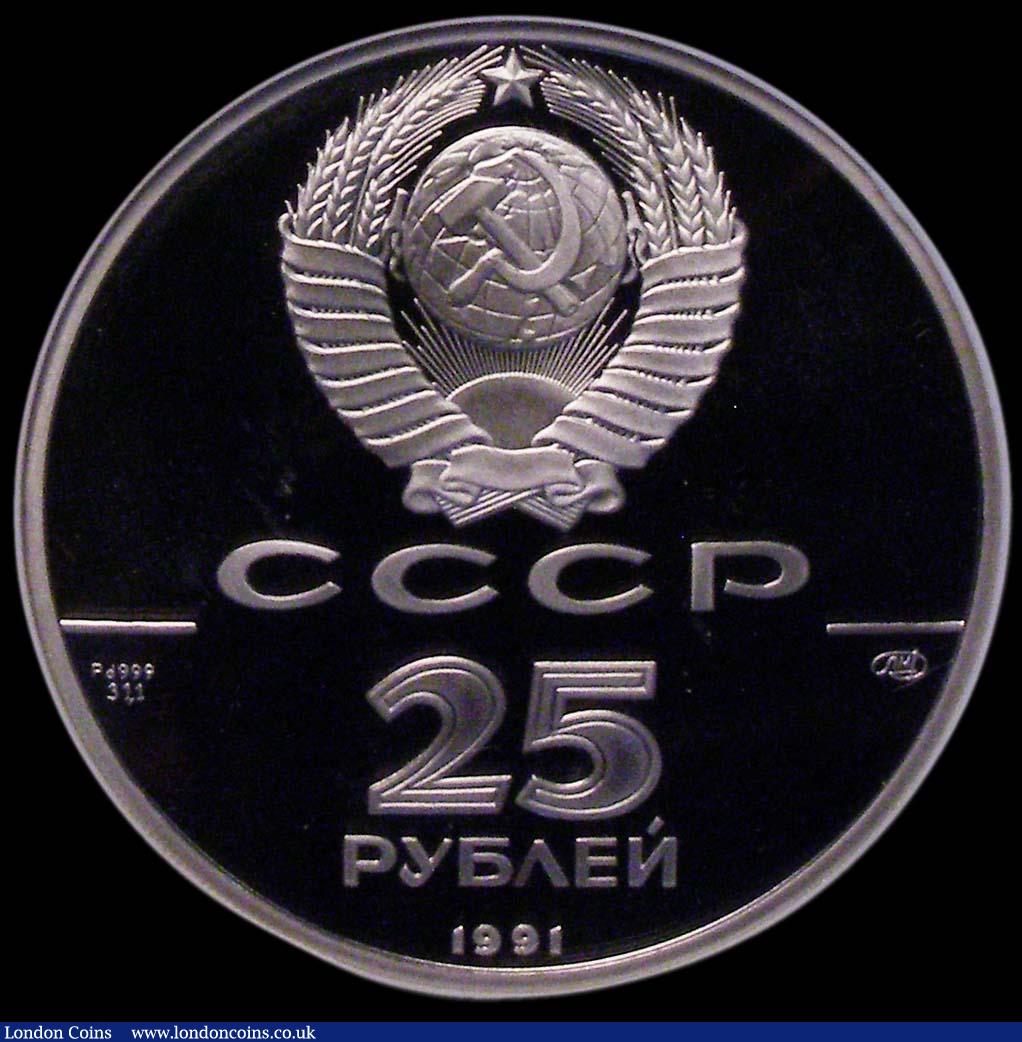 London Coins : A170 : Lot 1164 : Russia 25 Roubles 1991 Novo Archangelsk One Ounce Palladium Proof Y#266, in an NGC holder and graded...