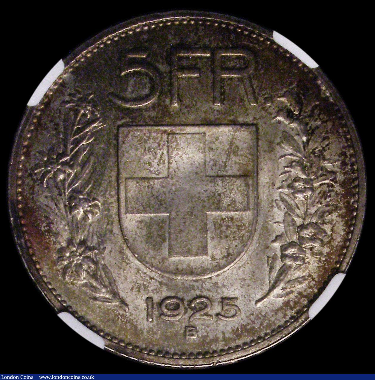 London Coins : A170 : Lot 1229 : Switzerland 5 Francs 1925 NGC MS63
