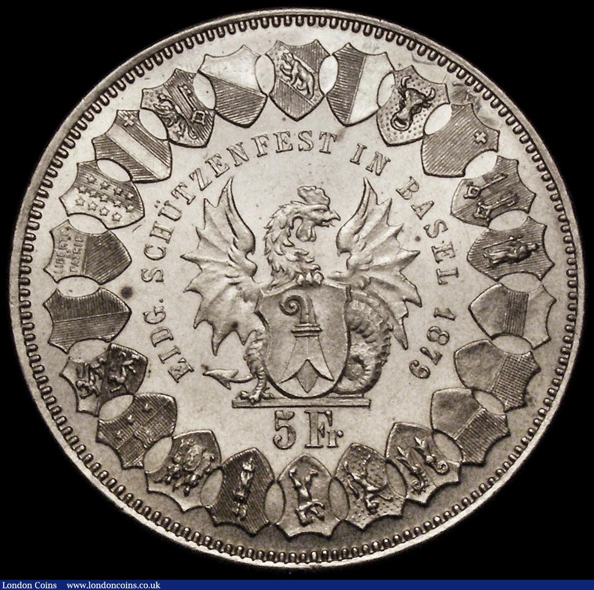 London Coins : A170 : Lot 1230 : Switzerland 5 Francs Shooting Thaler 1879 Basel X#S10 UNC/AU and lustrous, the obverse with some sma...