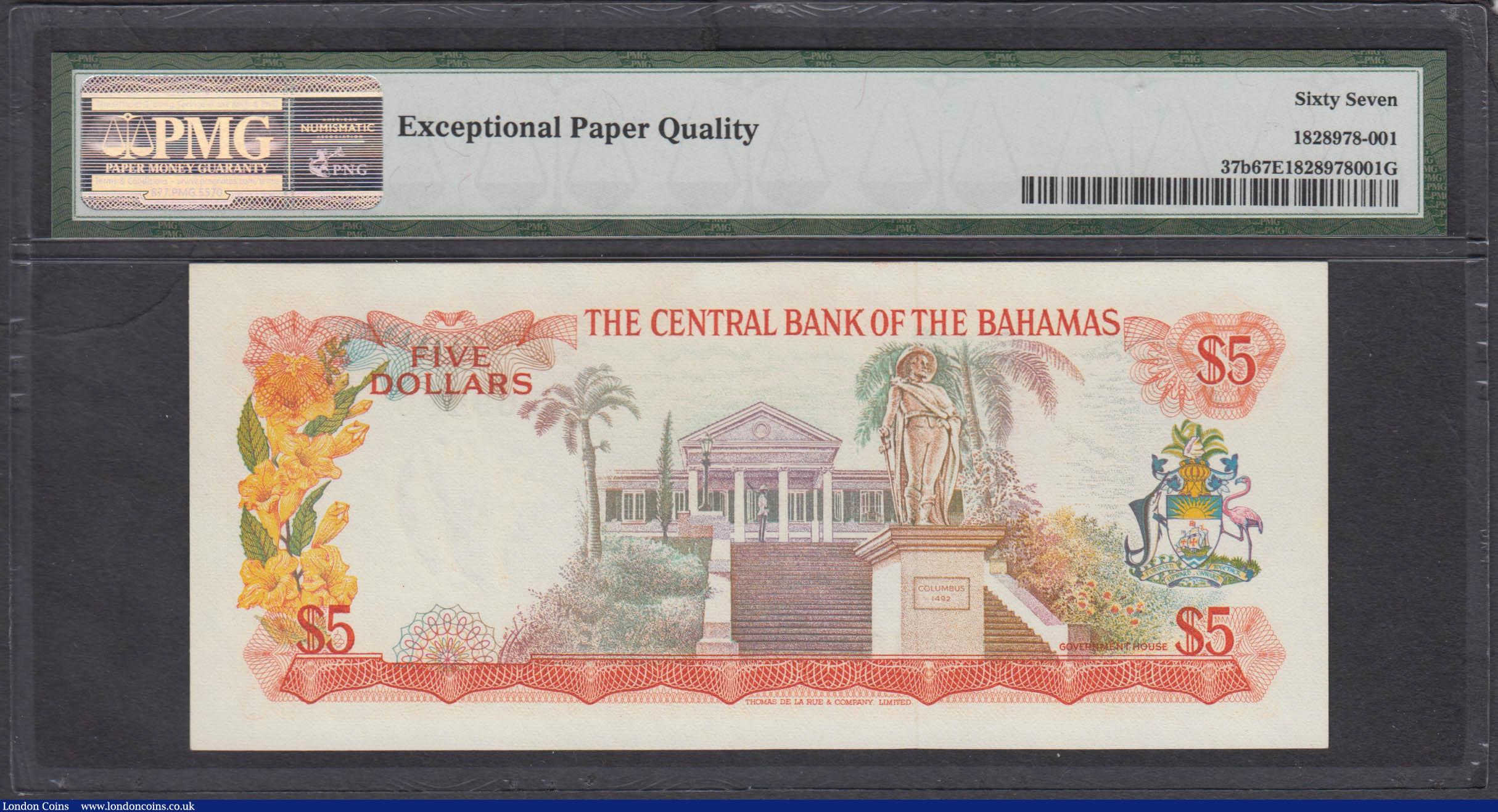 London Coins : A170 : Lot 137 : Bahamas Central Bank 5 Dollars Pick 37b Law of 1974 serial number K 369486 signature W. C. Allen, in...