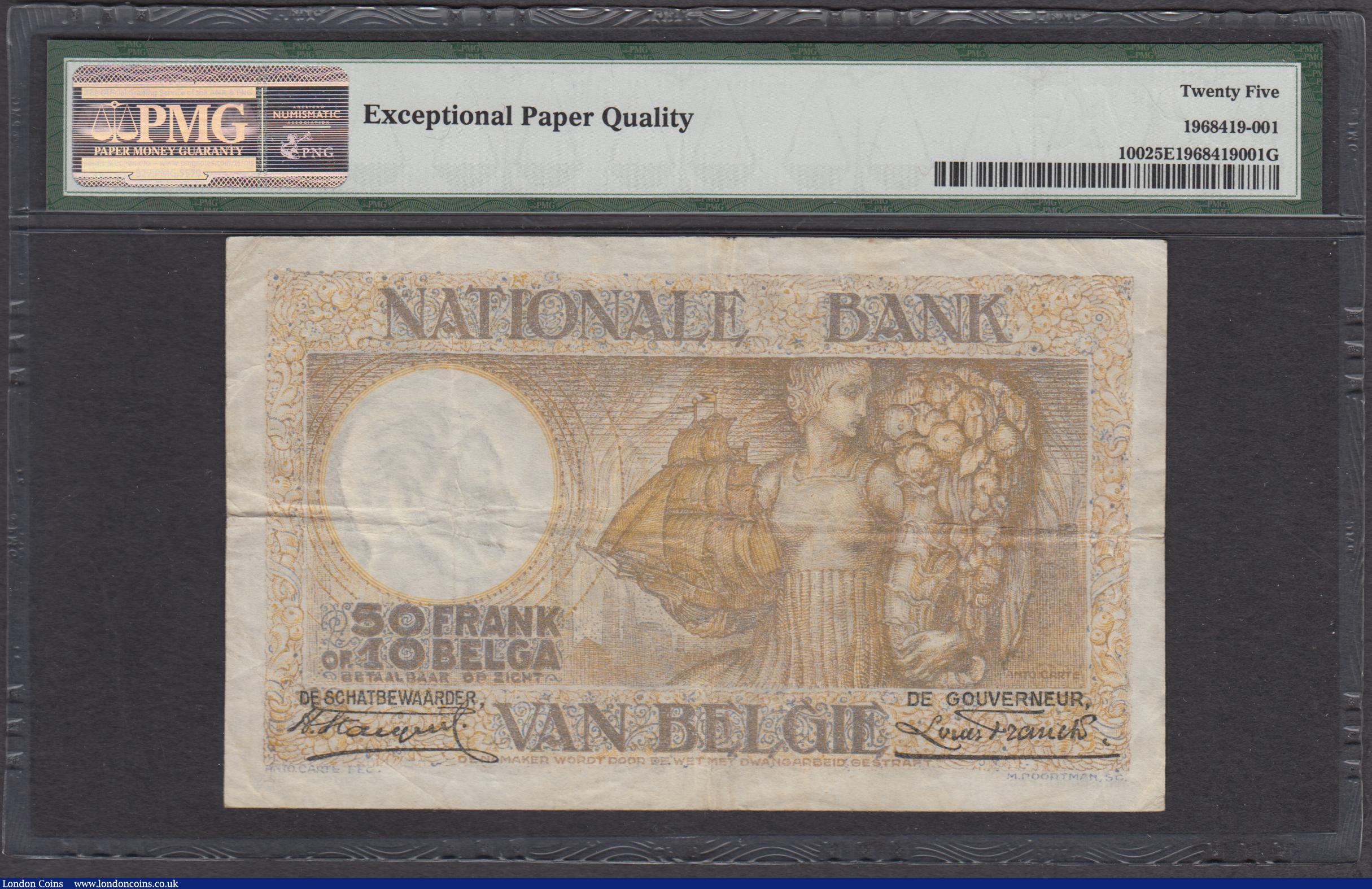 London Coins : A170 : Lot 138 : Belgium Banque Nationale 50 Francs / Frank = 10 Belgas / Belga Pick 100 dated 14th September 1927 se...