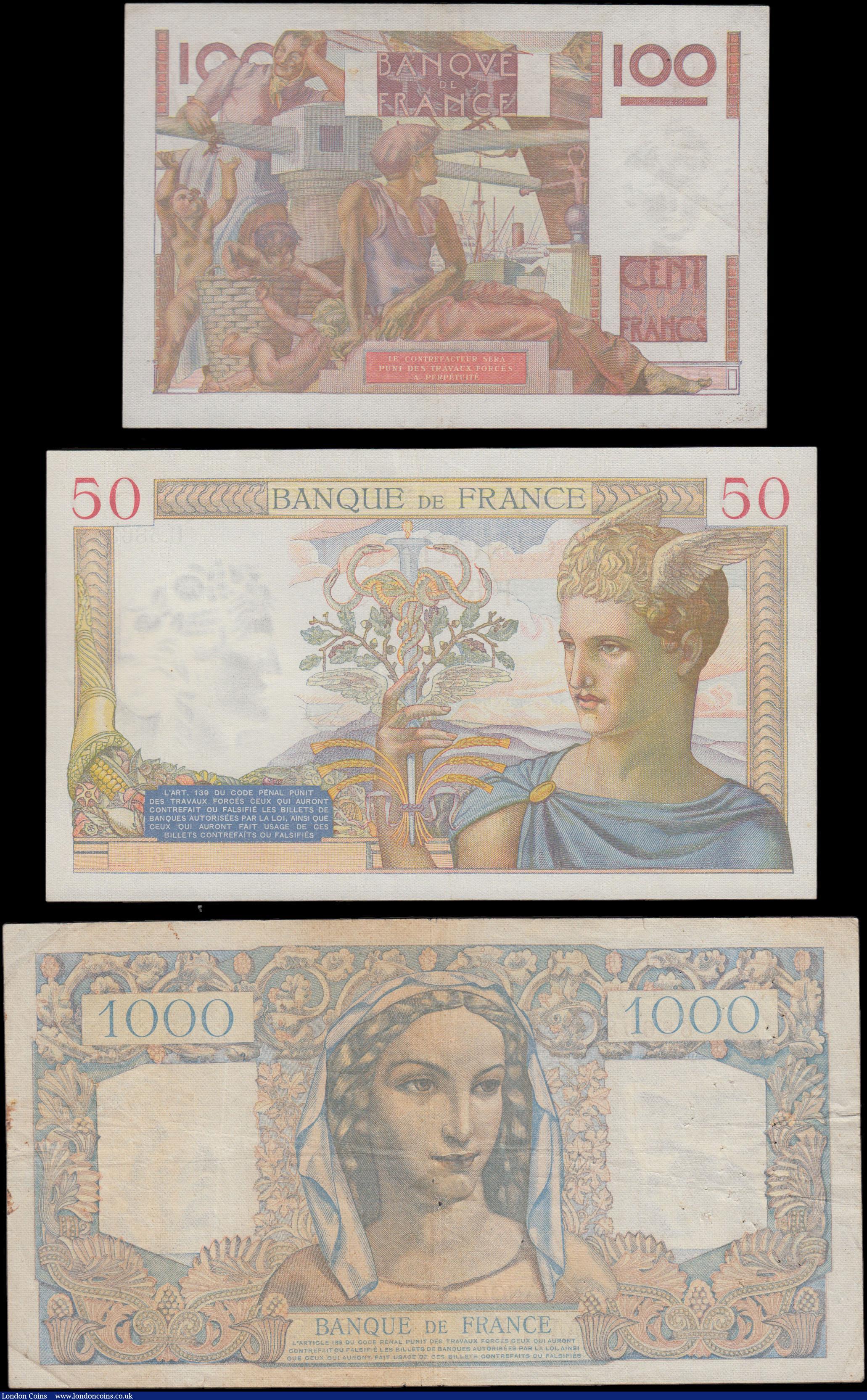 London Coins : A170 : Lot 162 : France (3) a very collectible small group comprising 50 Francs "Ceres" Pick 81 (Fayette F1...