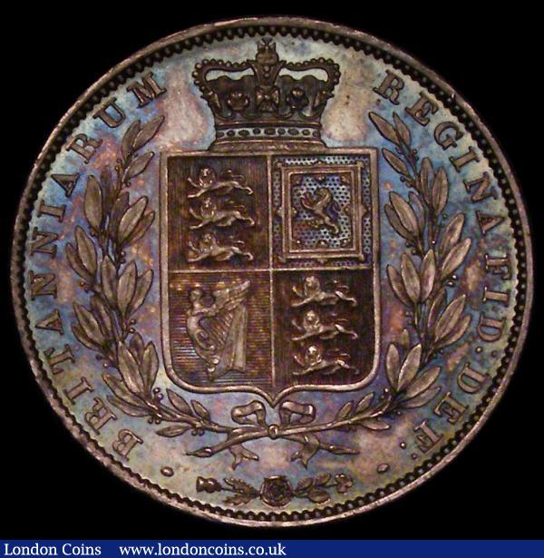 Halfcrown 1840 ESC 673, Bull 2715 UNC with a full sharp strike and choice with original colour and underlying lustre, the obverse complimented by touches of golden tone in the legend, the reverse with a superb blue/green tone. A truly outstanding piece and must surely be one of the finest remaining examples. Halfcrowns of 1839 and 1840 are the only dates with W.W on the truncation, and given the rarity of the 1839 coin, the 1840 coin is always sought after, and is almost never seen in choice grade : English Coins : Auction 170 : Lot 1780
