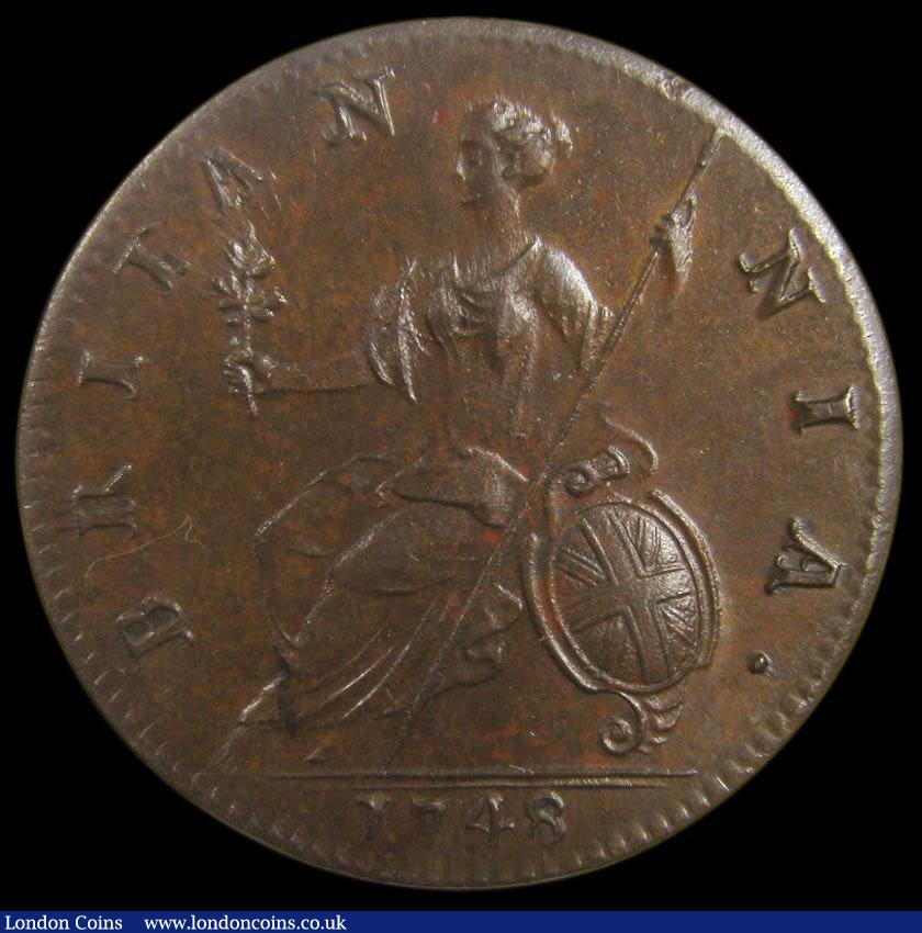 London Coins : A170 : Lot 1862 : Halfpenny 1748 Peck 878 UNC and choice, in an LCGS holder and graded LCGS 80. The Finest known of ju...
